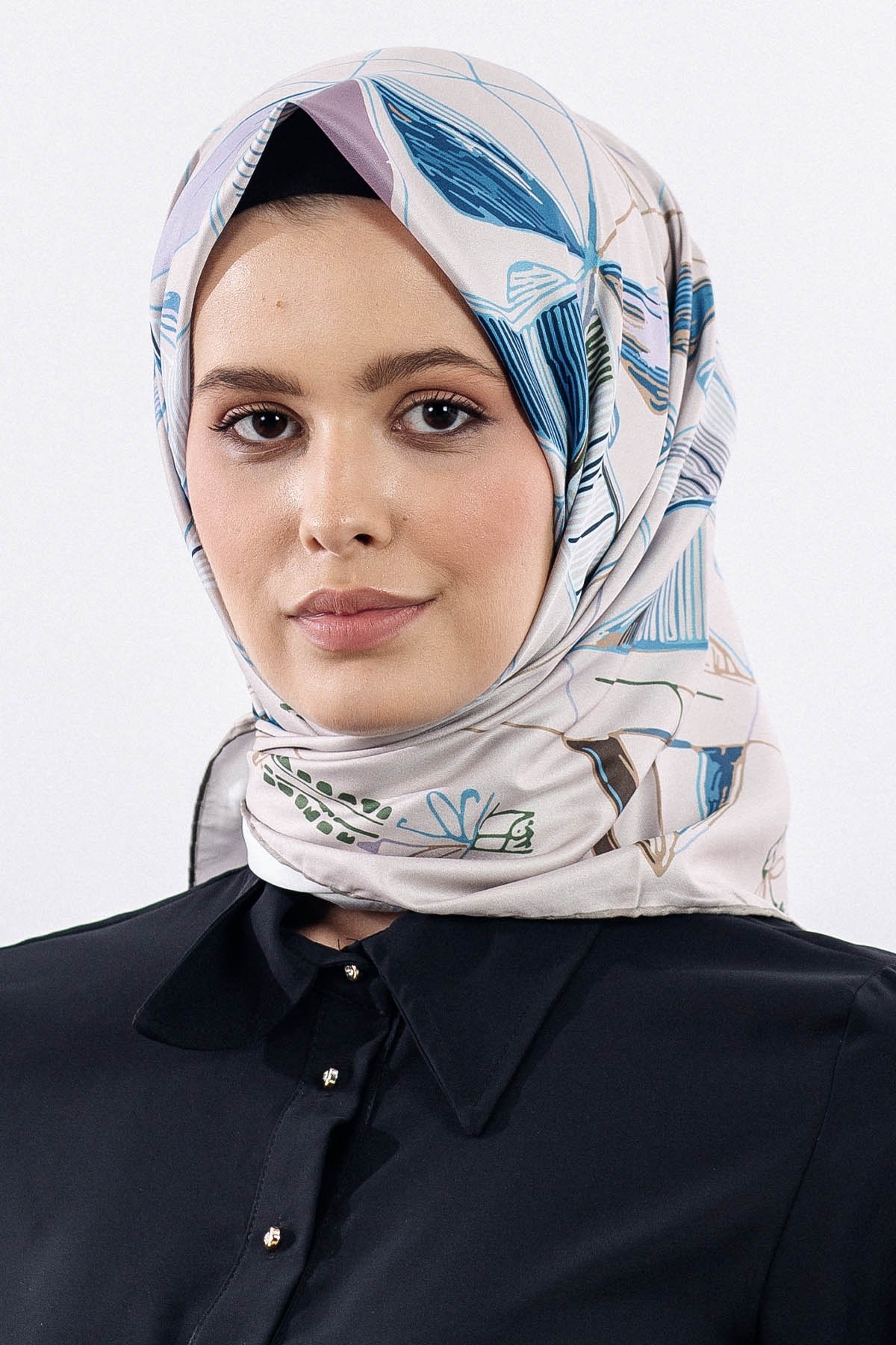12507 Polyester Eşarp Twill Dokuma 90*90 - Bej Mavi