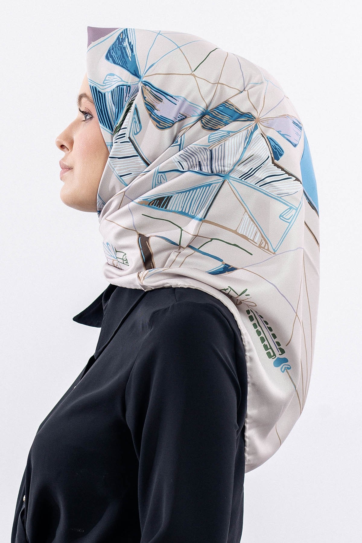 12507 Polyester Eşarp Twill Dokuma 90*90 - Bej Mavi