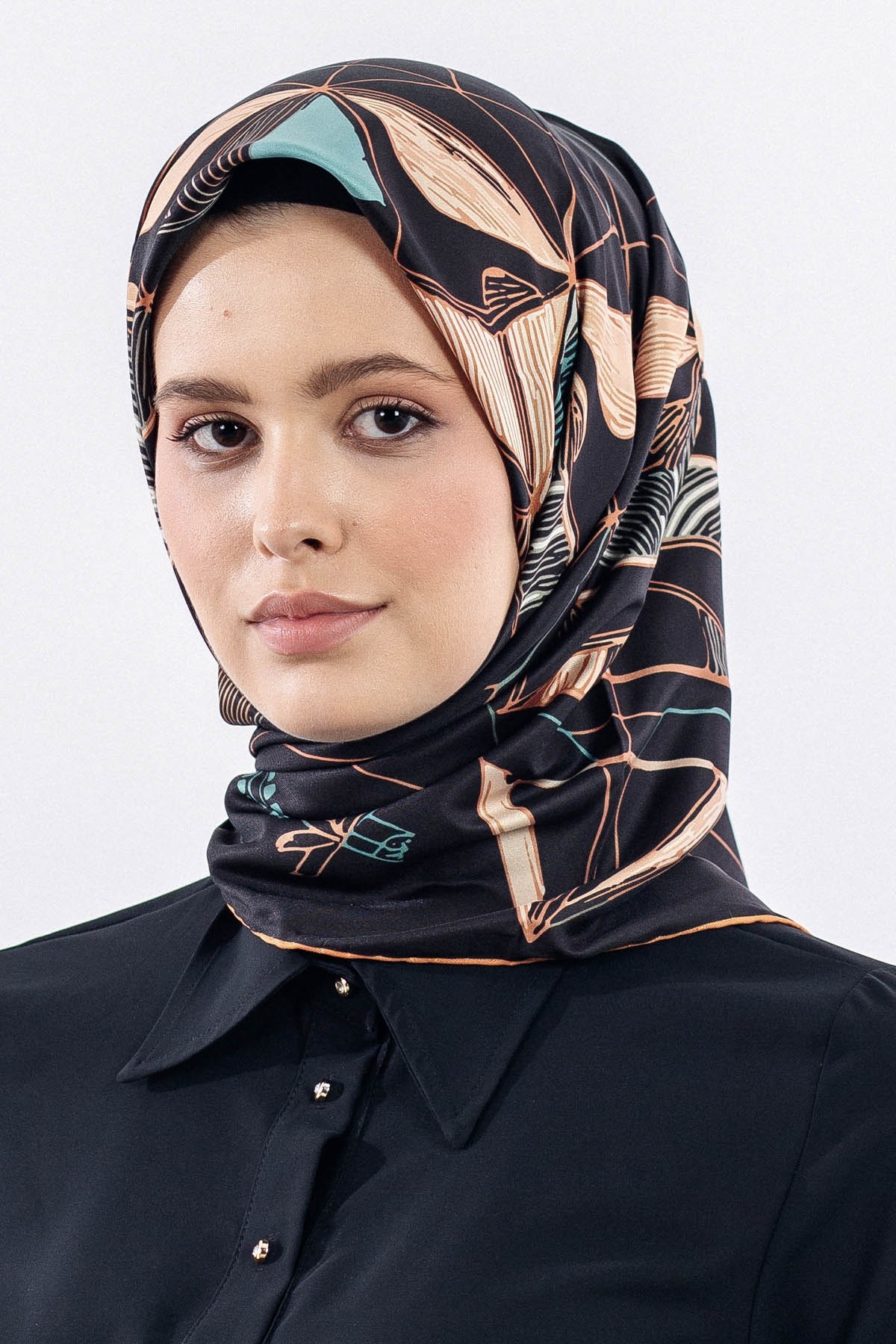 12507 Polyester Eşarp Twill Dokuma 90*90 - Siyah Turuncu