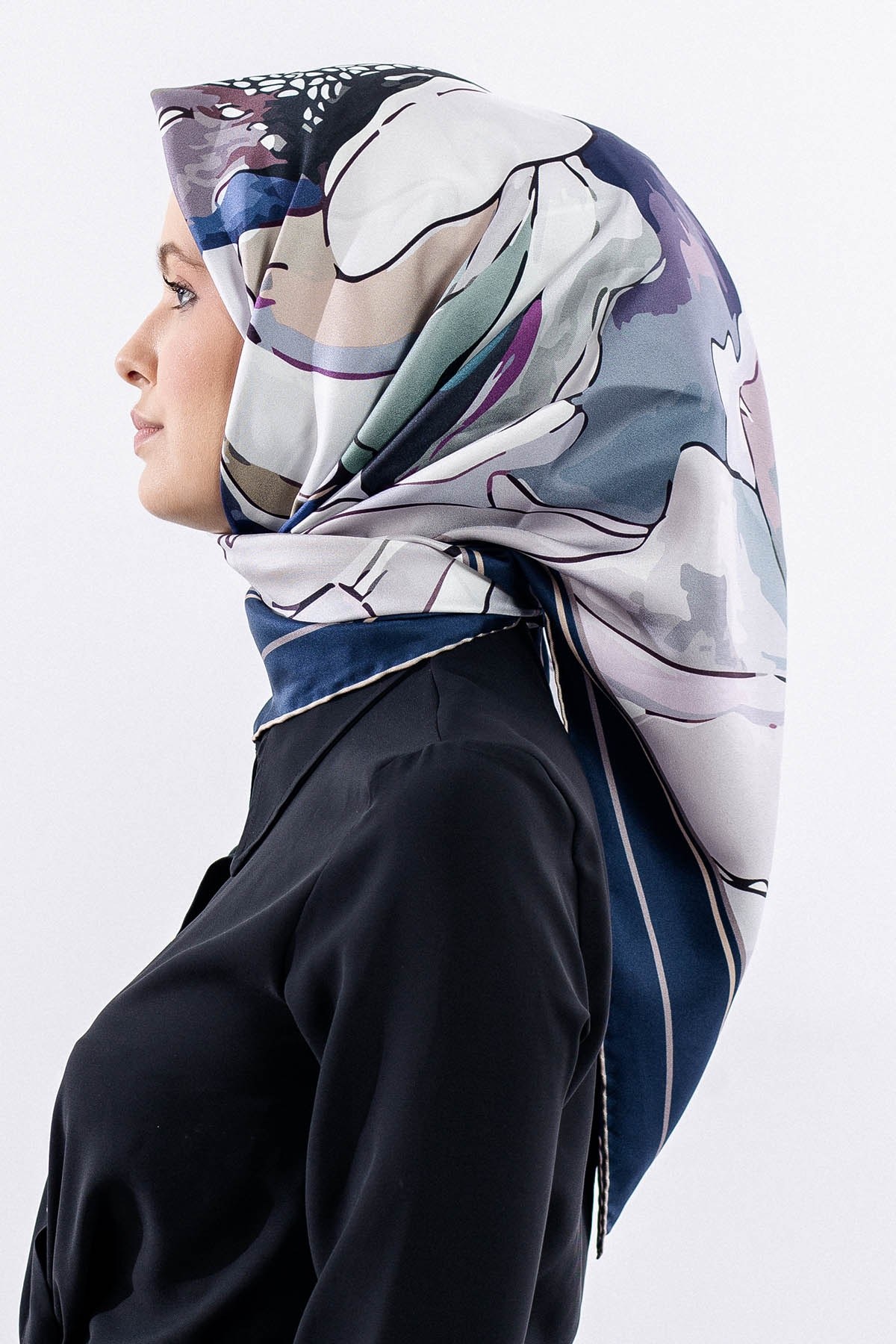 12513 İpek Eşarp Twill Dokuma - Lacivert Gri