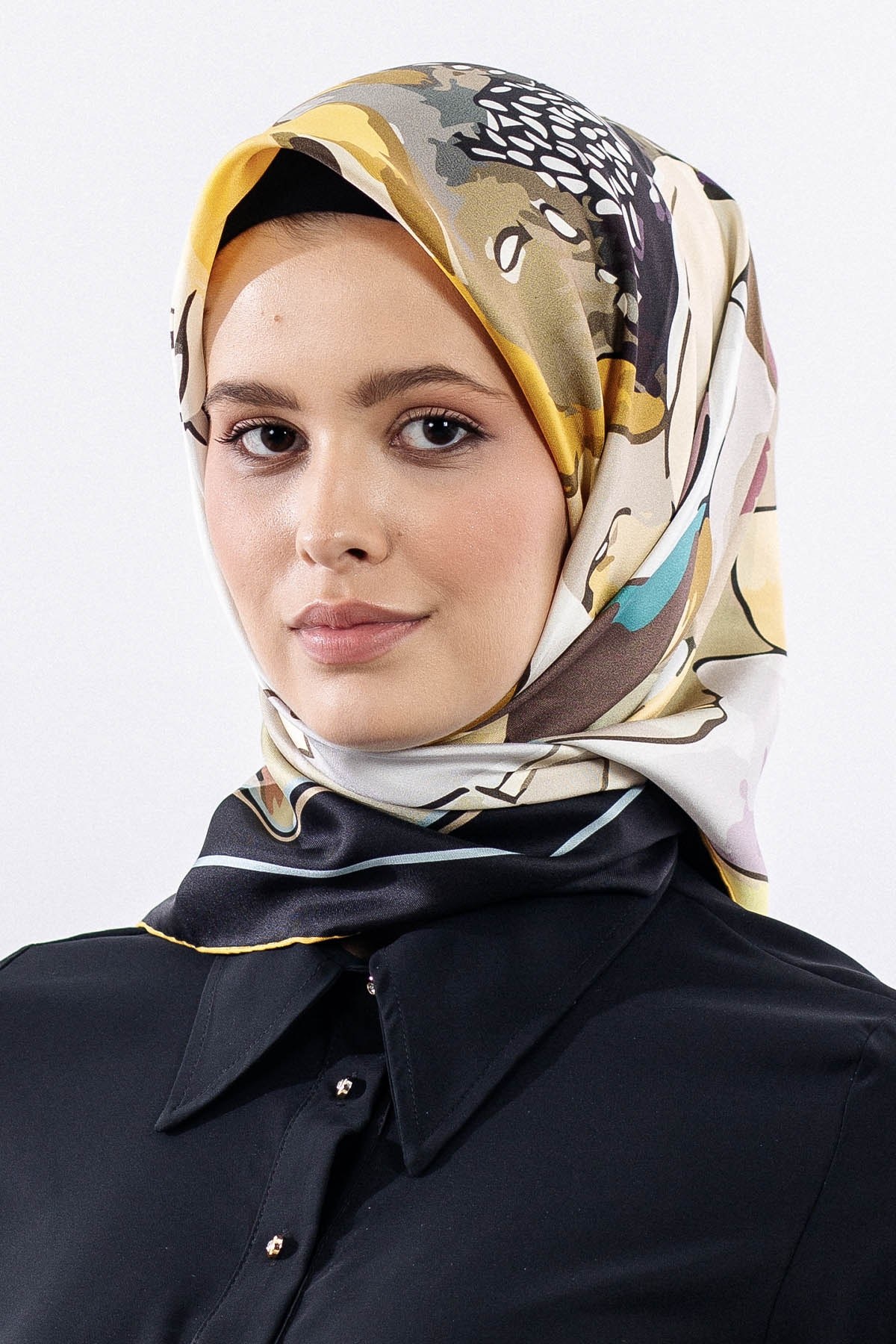 12513 İpek Eşarp Twill Dokuma - Siyah Sarı