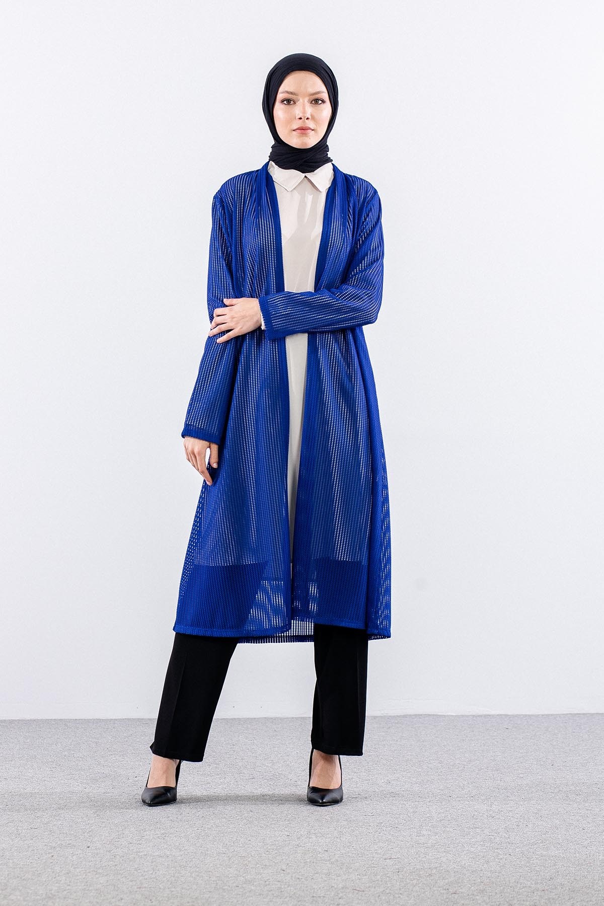 2442 Hırka M-2XL File Kumaş - Saks