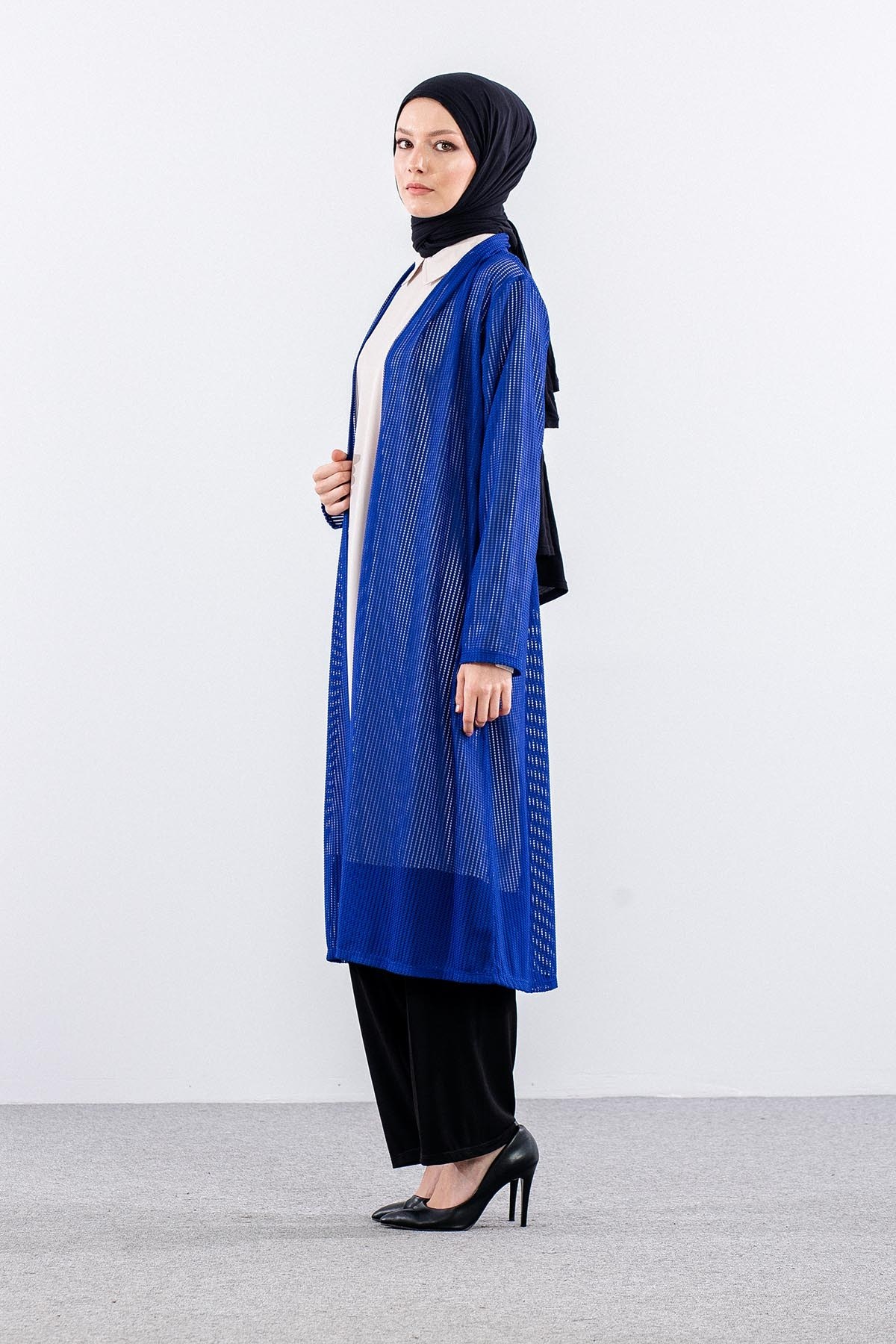 2442 Hırka M-2XL File Kumaş - Saks