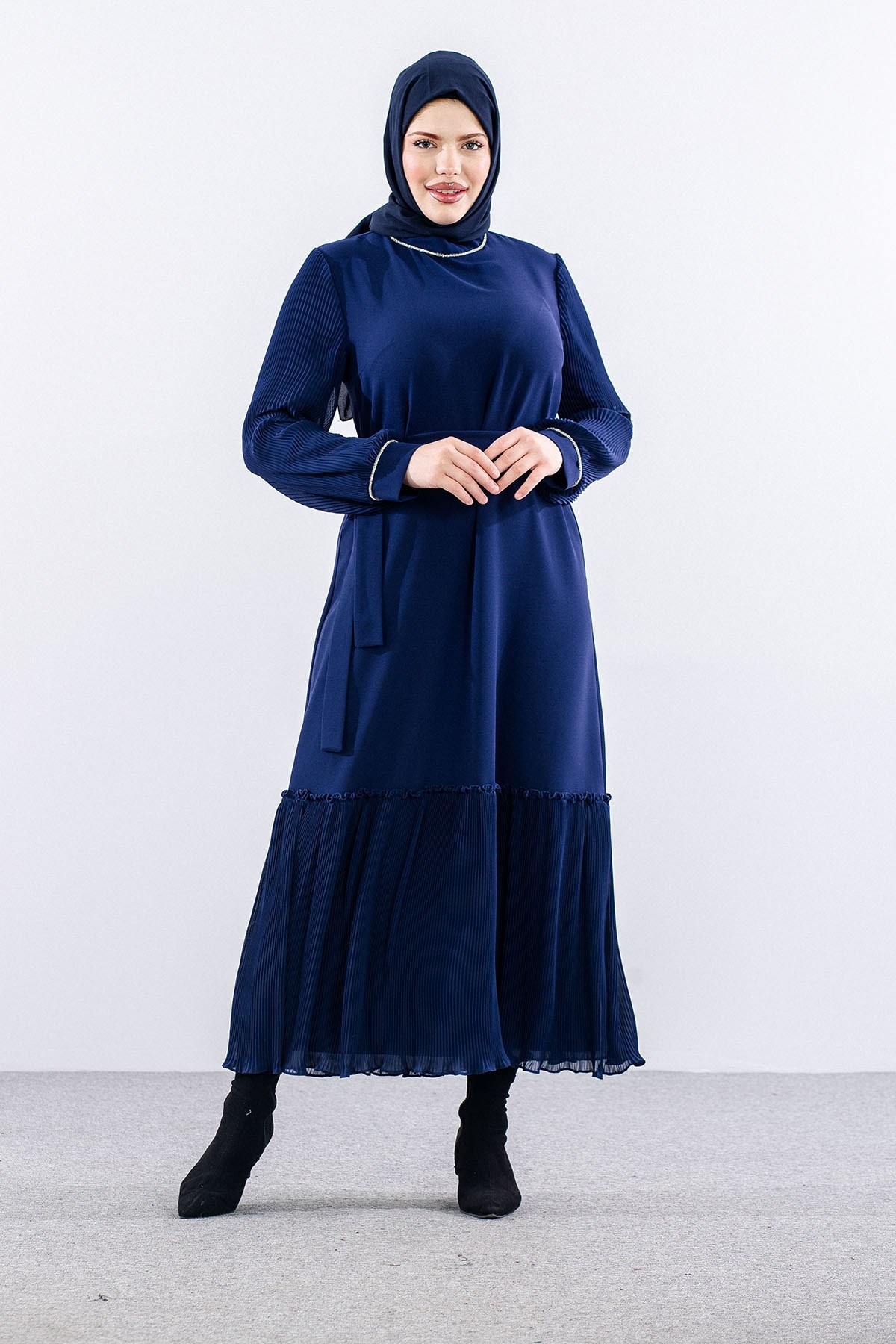 2565 Elbise 42-50 Şık Pilise - Saks