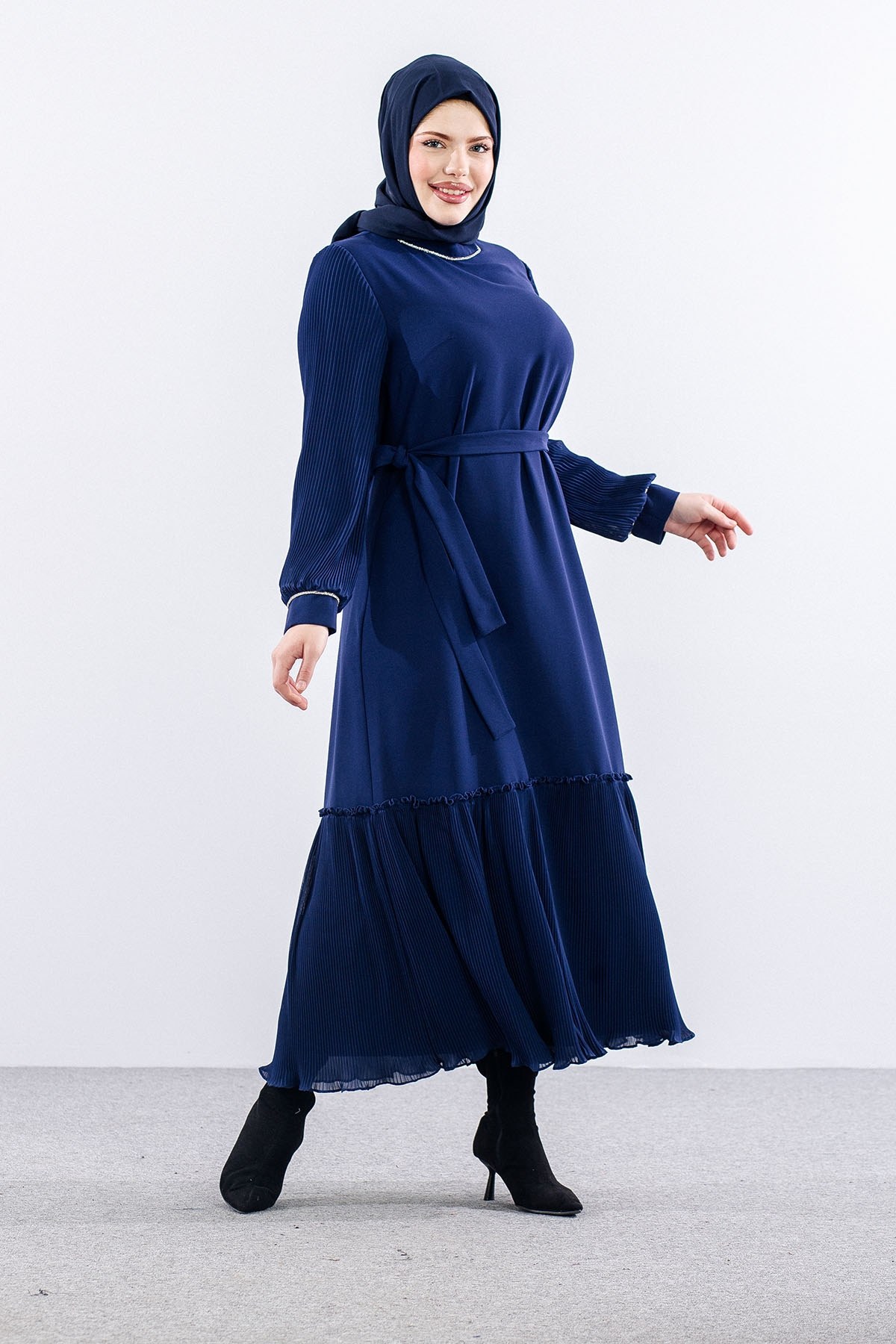 2565 Elbise 42-50 Şık Pilise - Saks