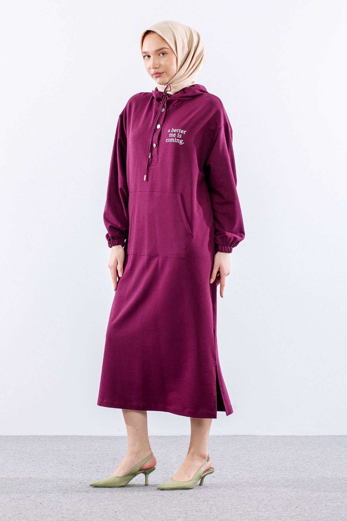 33744 Elbise Tek Kapüşon Detay - Bordo