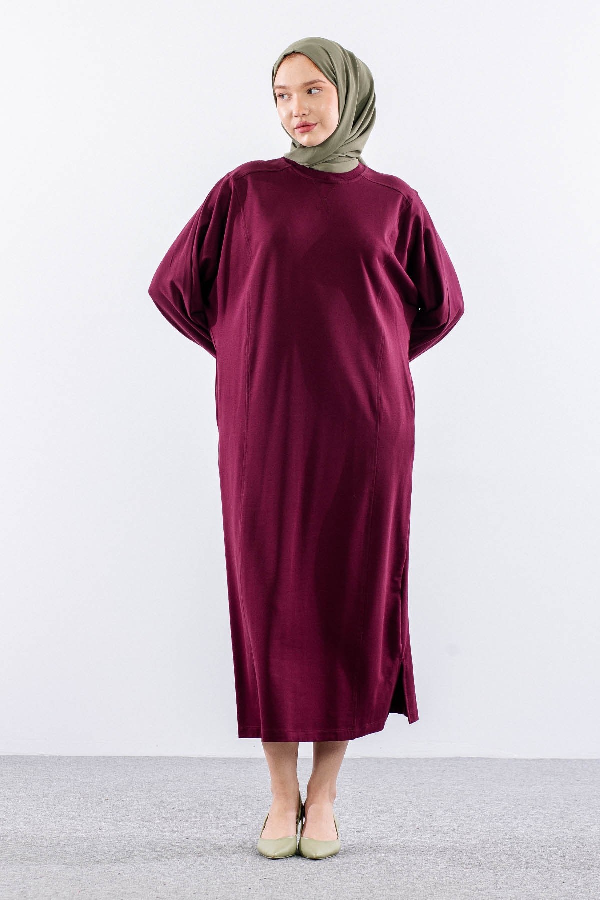 35335 Elbise Tek Yarasa Kol - Bordo