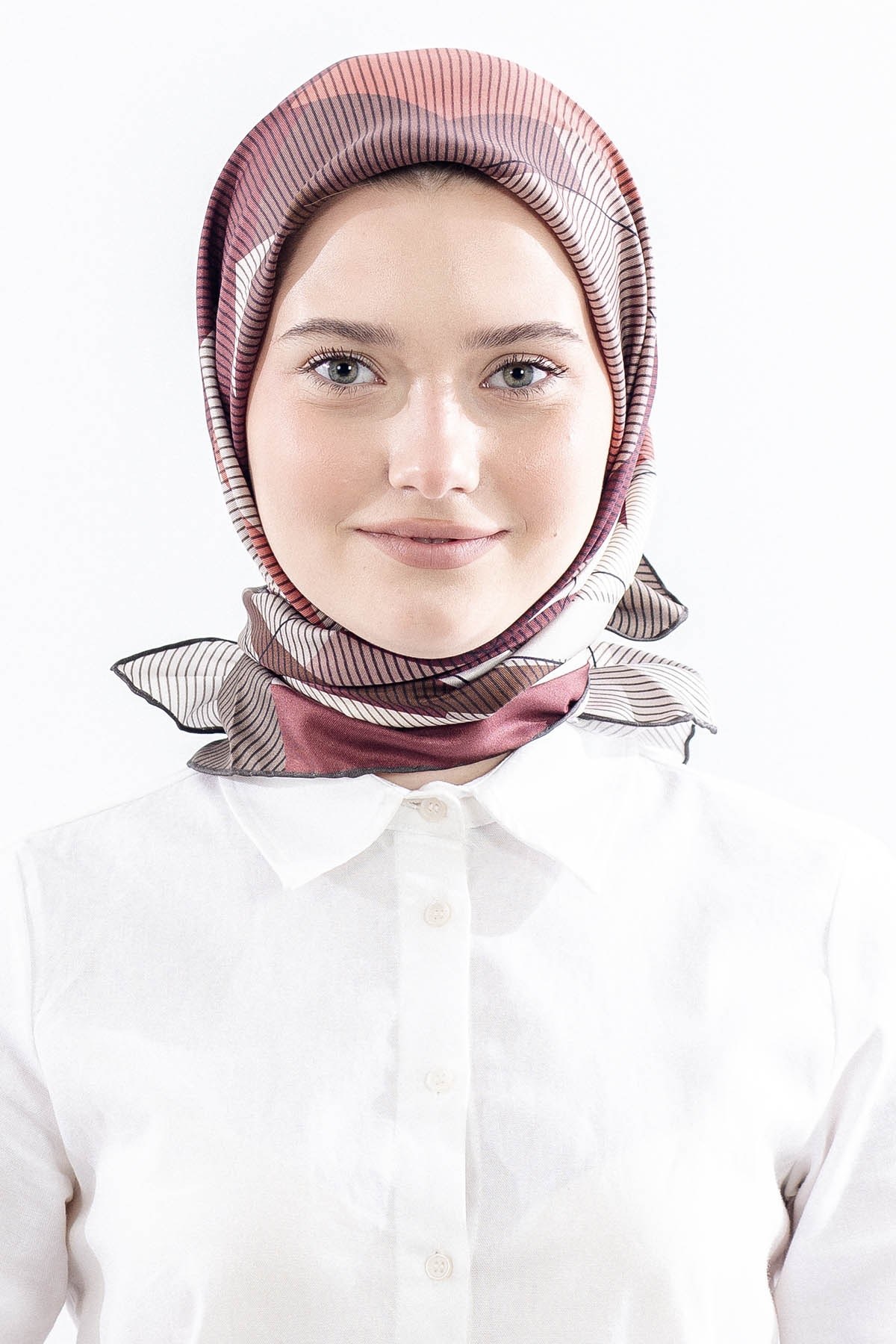 3838 İpek Eşarp Twill İpek Çizgi Desen - Kahve