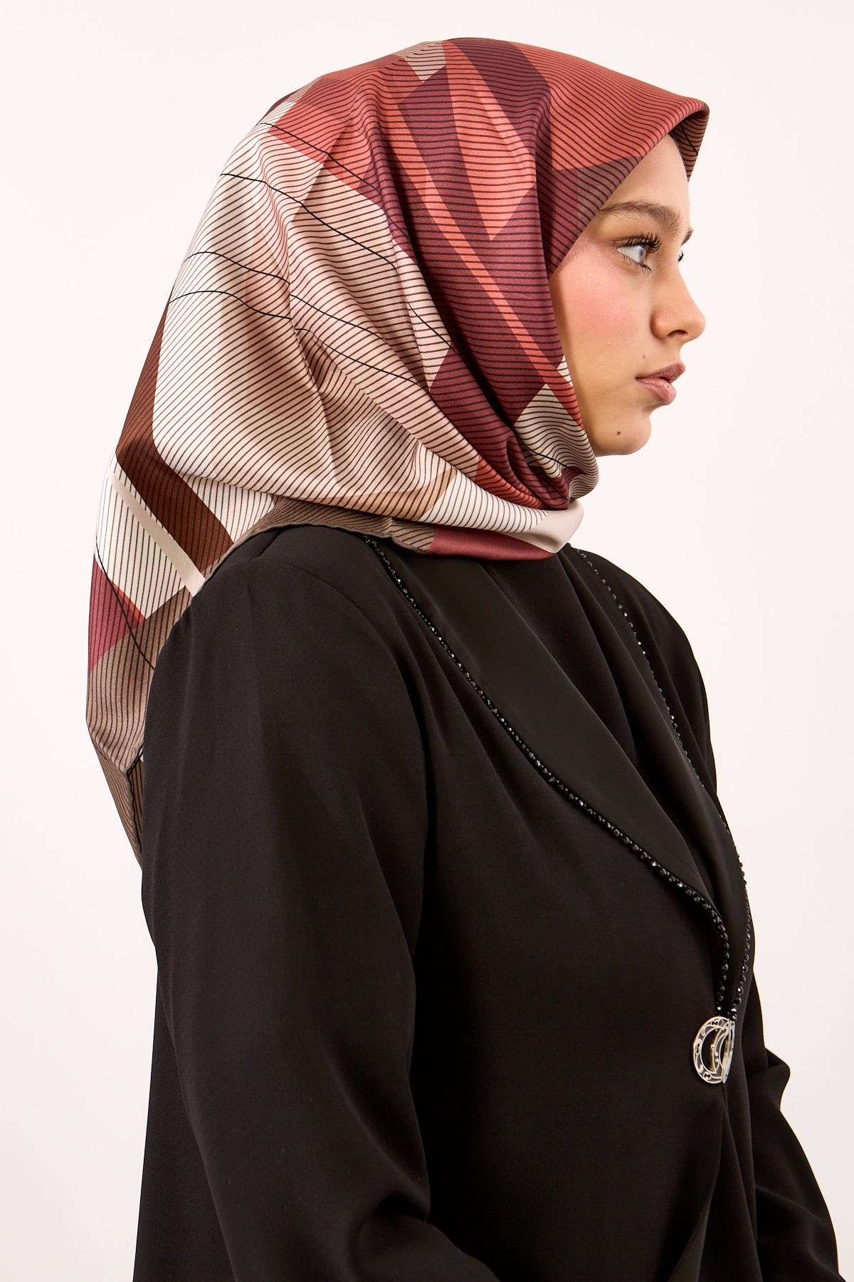 3838 İpek Eşarp Twill İpek Çizgi Desen - Kahve