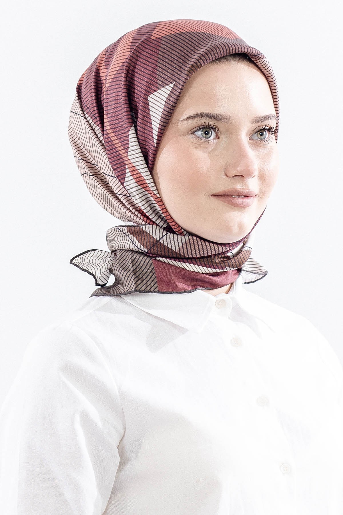 3838 İpek Eşarp Twill İpek Çizgi Desen - Kahve