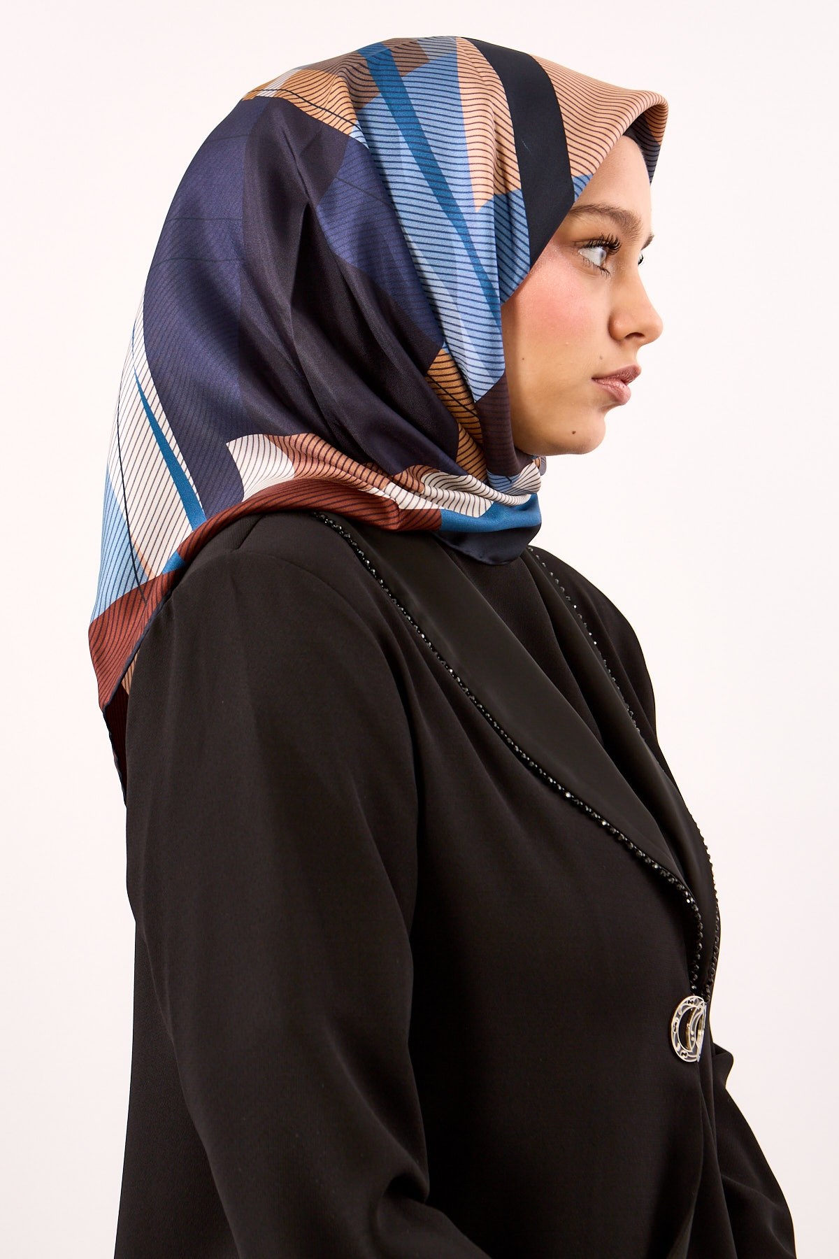 3838 İpek Eşarp Twill İpek Çizgi Desen - Lacivert