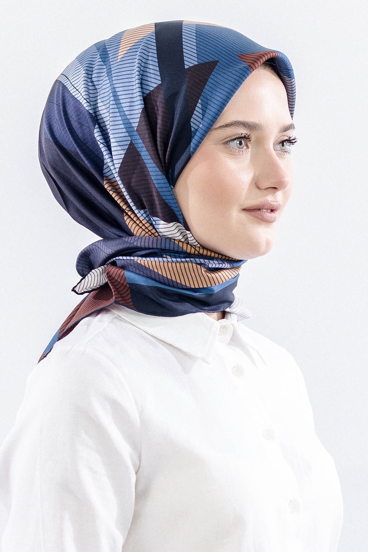 3838 İpek Eşarp Twill İpek Çizgi Desen - Lacivert