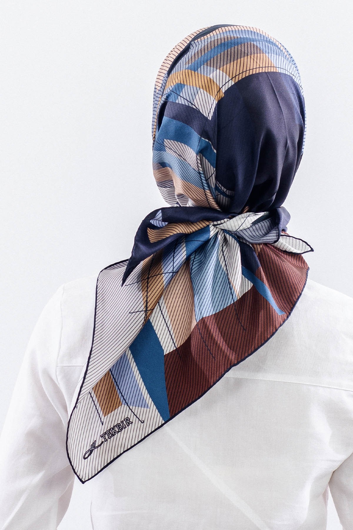 3838 İpek Eşarp Twill İpek Çizgi Desen - Lacivert