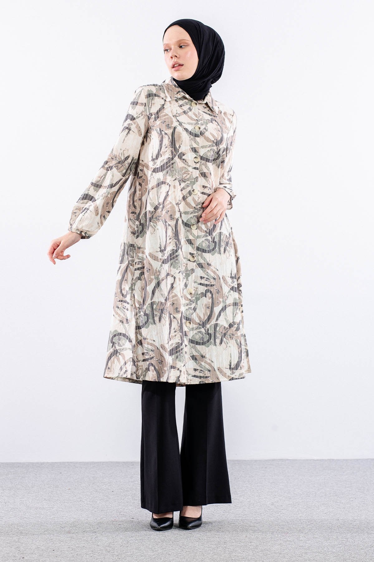 5007 Tunik 42-50 Desenli Ara Boy - Bej
