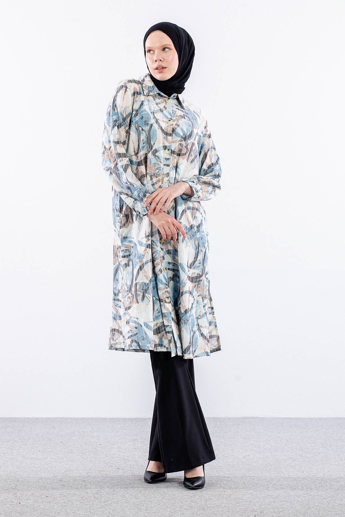 5007 Tunik 42-50 Desenli Ara Boy - Mavi