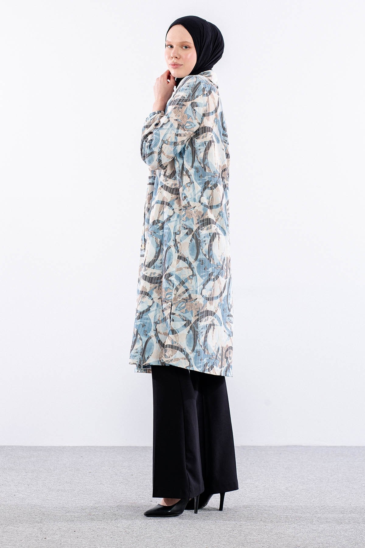 5007 Tunik 42-50 Desenli Ara Boy - Mavi