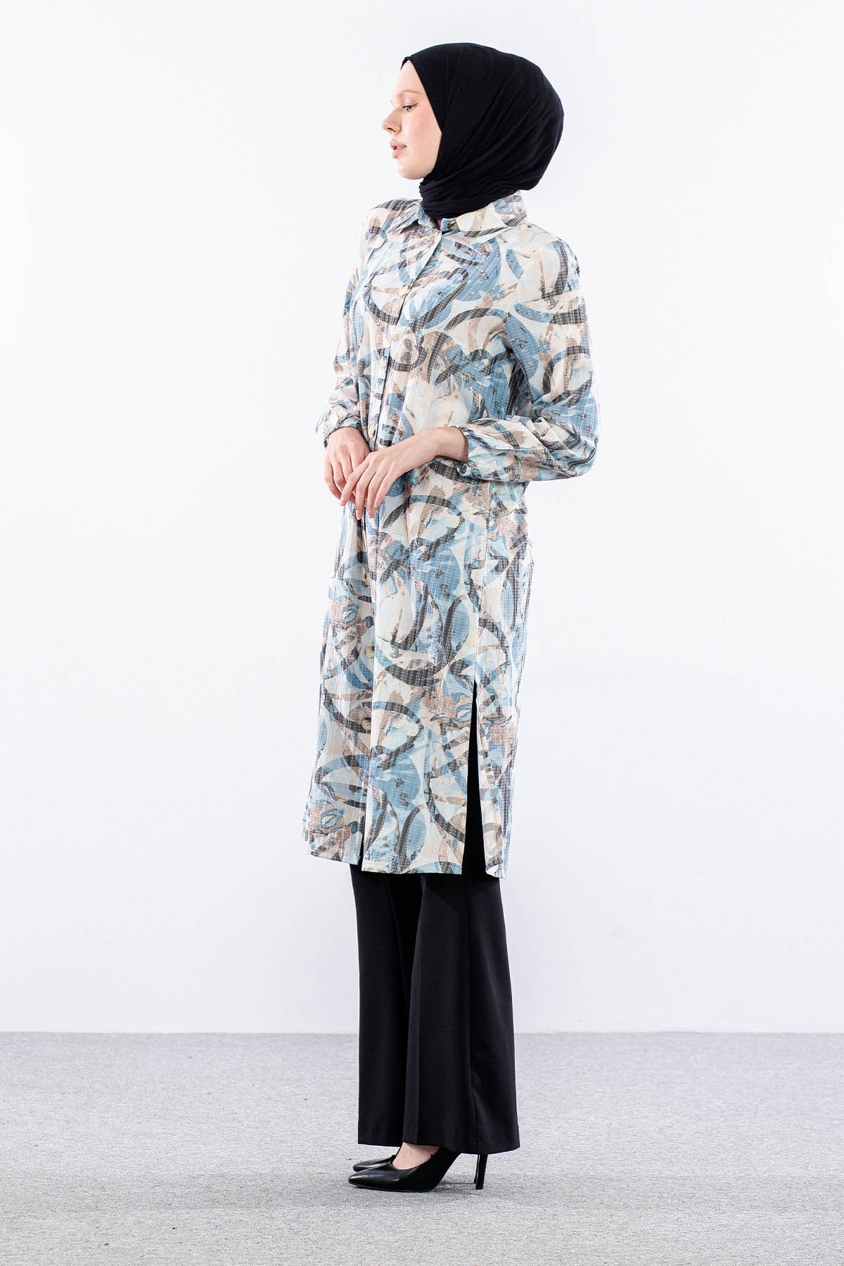 5007 Tunik 42-50 Desenli Ara Boy - Mavi