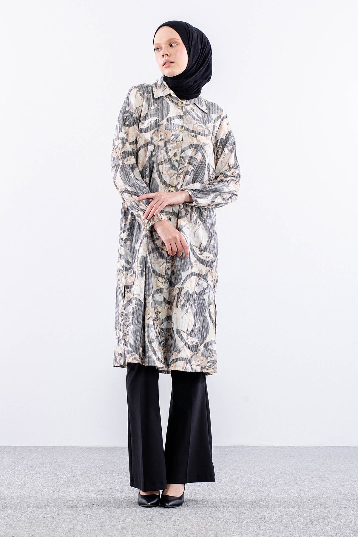 5007 Tunik 42-50 Desenli Ara Boy - Siyah