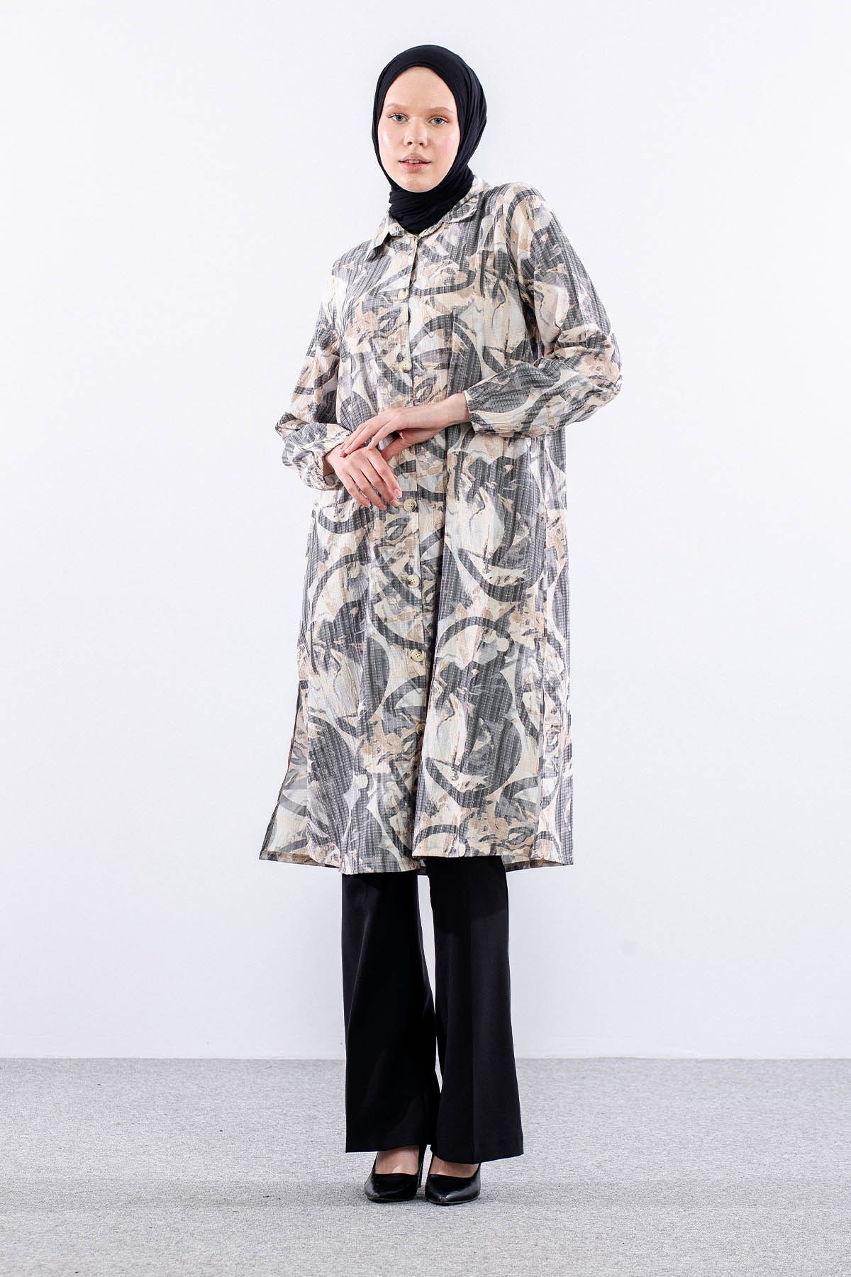 5007 Tunik 42-50 Desenli Ara Boy - Siyah