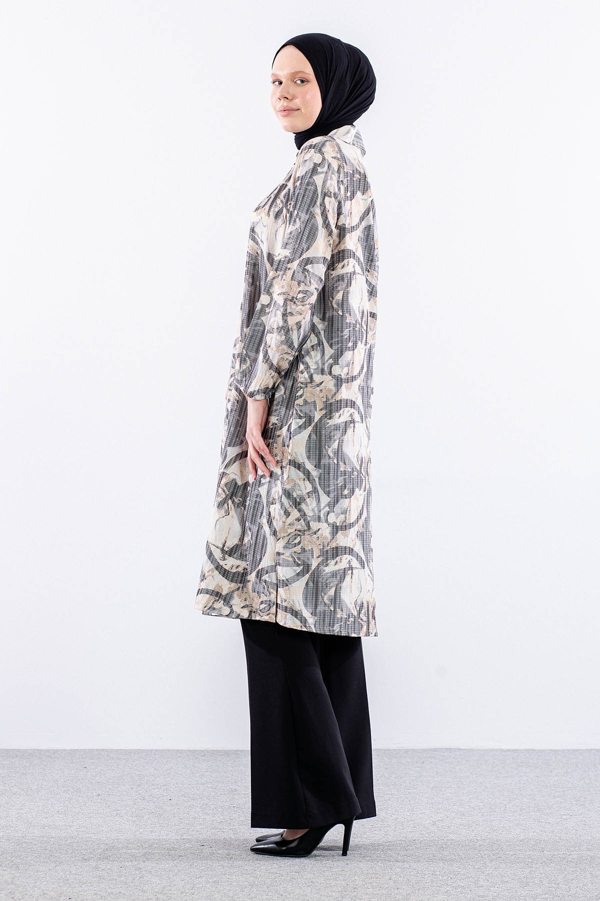 5007 Tunik 42-50 Desenli Ara Boy - Siyah