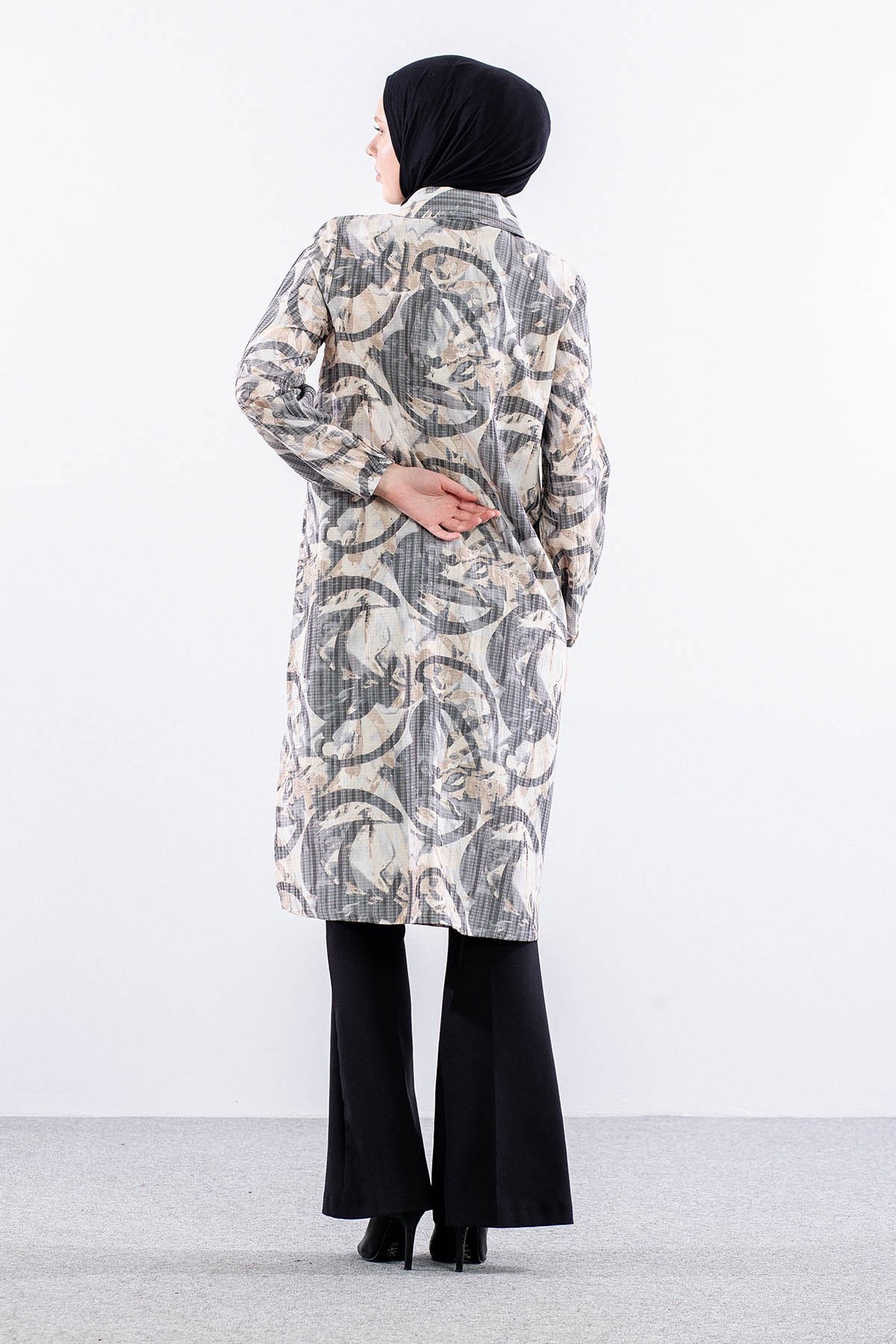 5007 Tunik 42-50 Desenli Ara Boy - Siyah