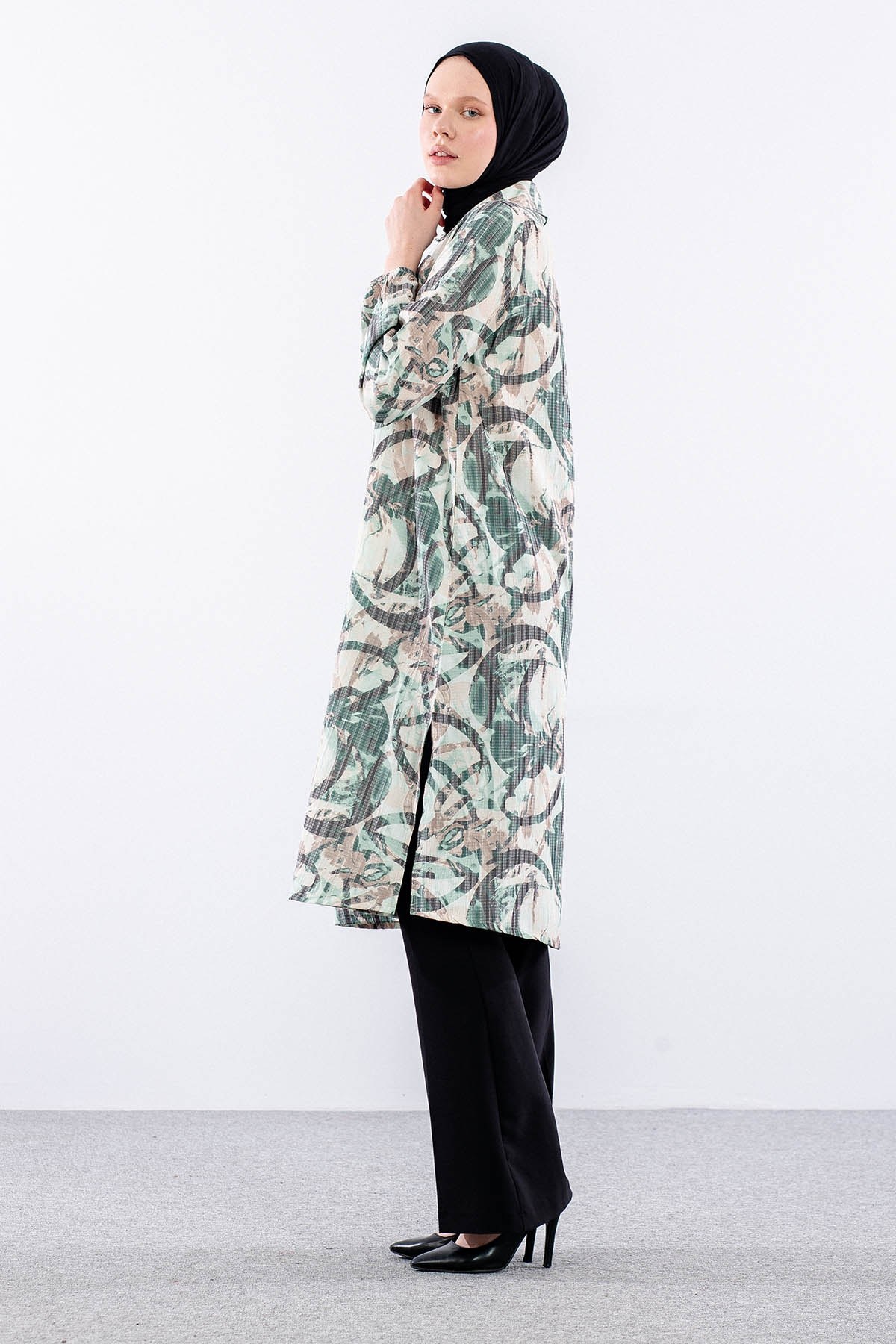5007 Tunik 42-50 Desenli Ara Boy - Yeşil