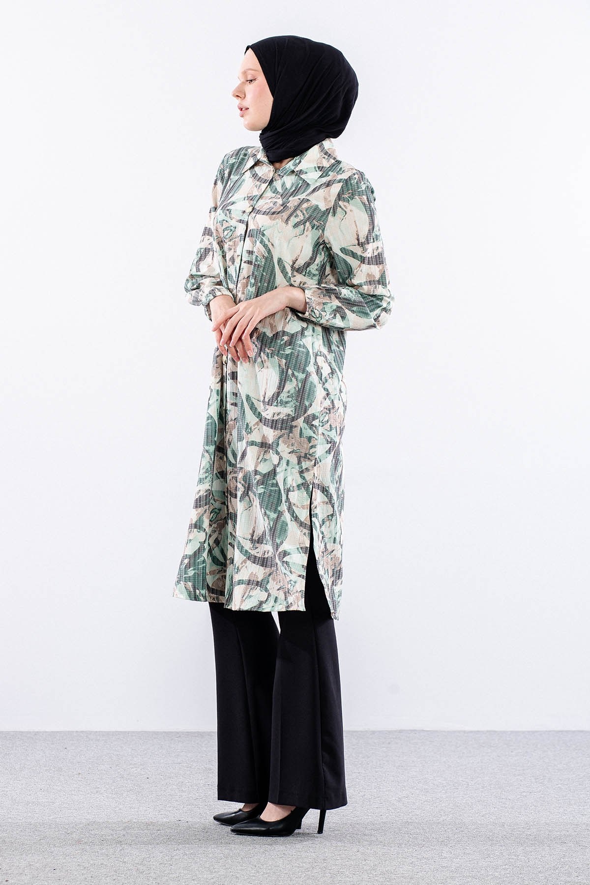 5007 Tunik 42-50 Desenli Ara Boy - Yeşil