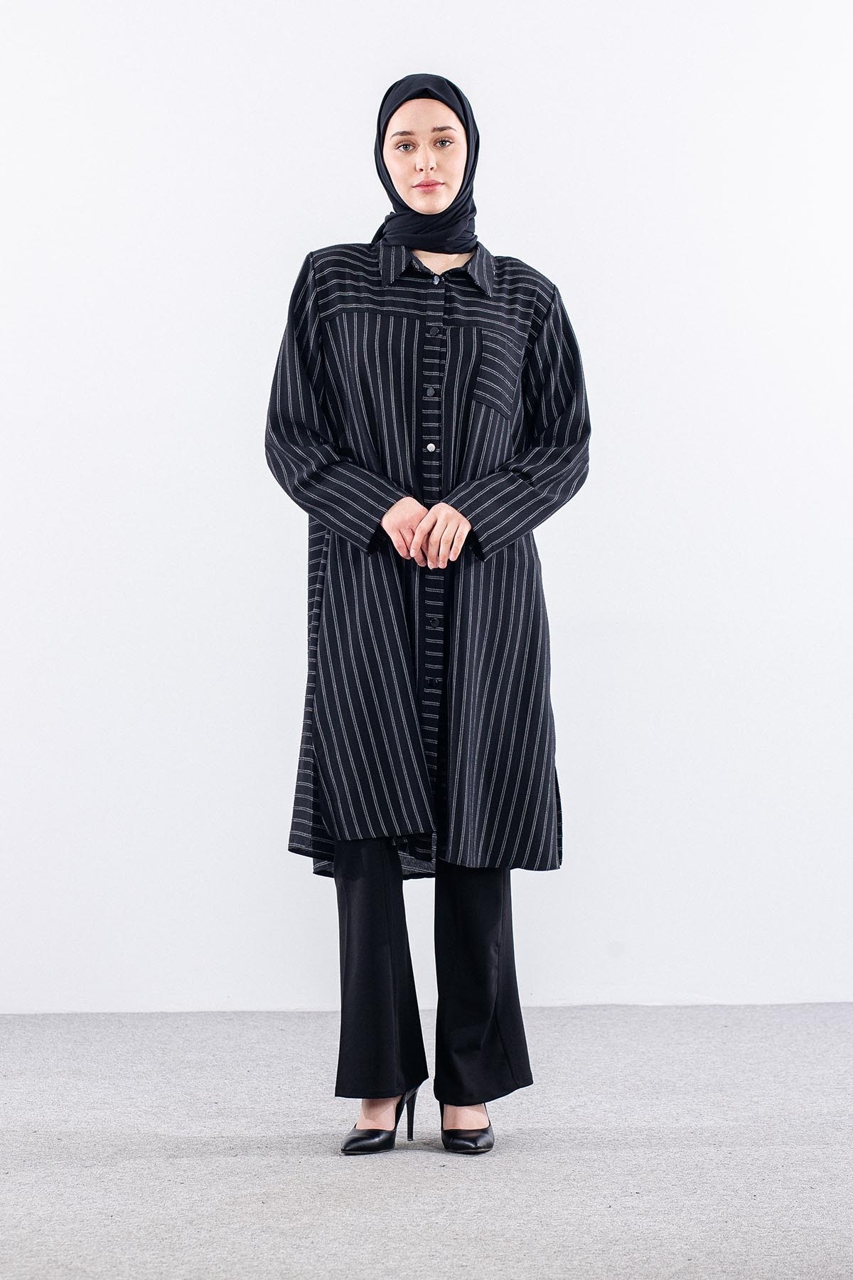 5311 Tunik 46-52 Kendinden Çizgi Desen - Siyah
