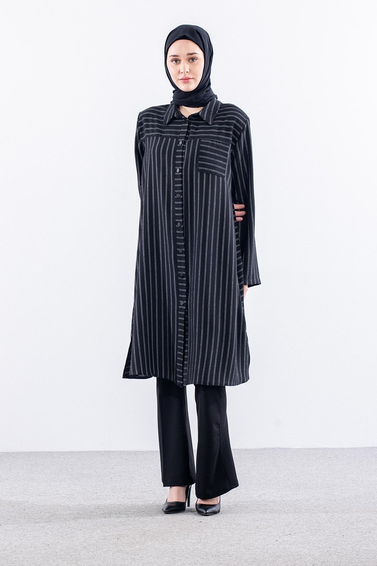 5311 Tunik 46-52 Kendinden Çizgi Desen - Siyah