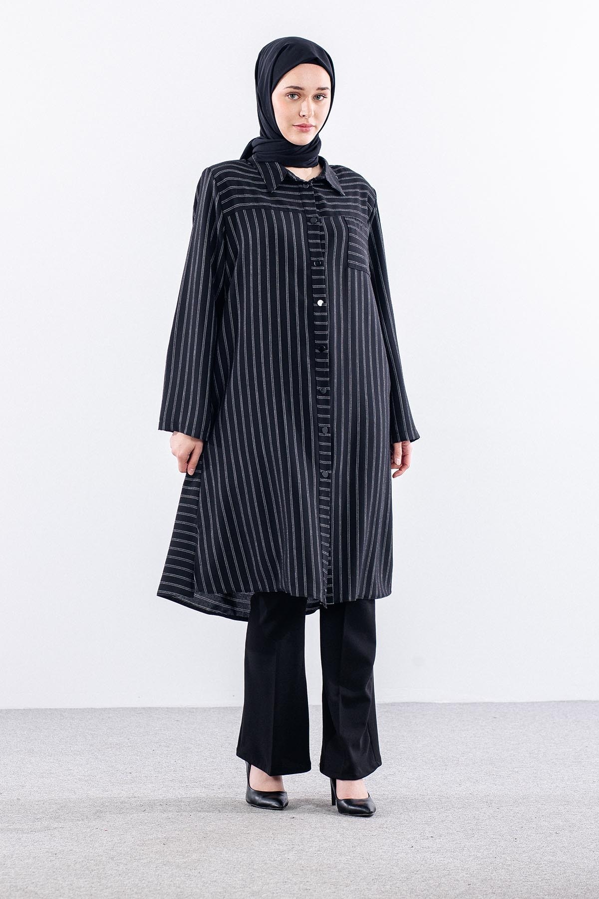 5311 Tunik 46-52 Kendinden Çizgi Desen - Siyah