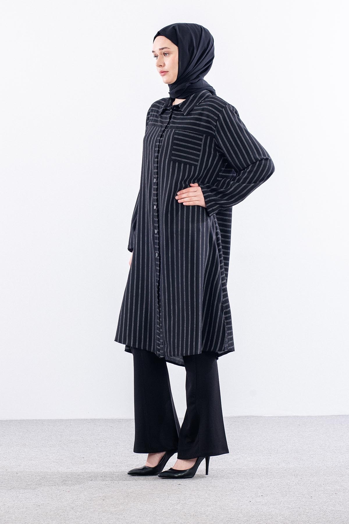 5311 Tunik 46-52 Kendinden Çizgi Desen - Siyah
