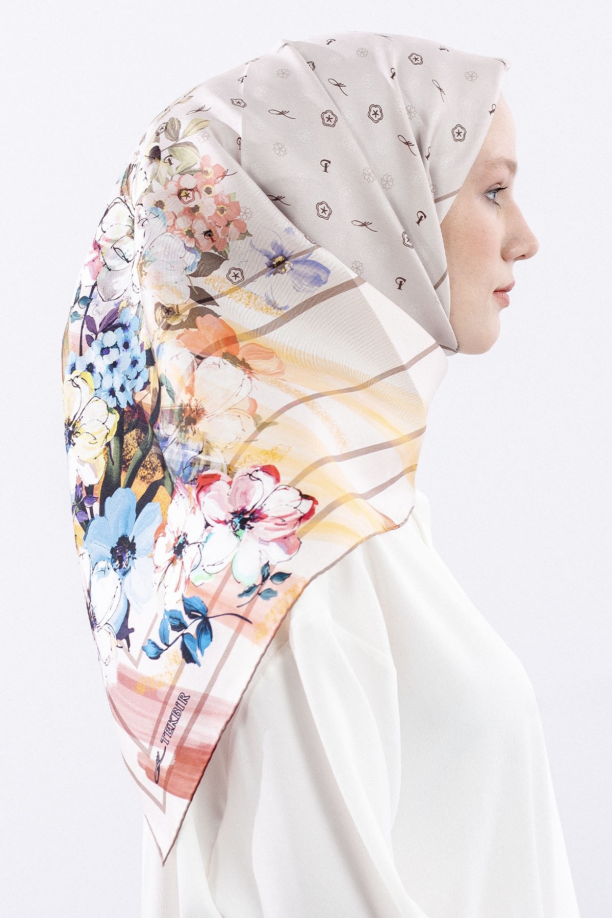 6795 Twill İpek Eşarp Logo - Kahve-Krem