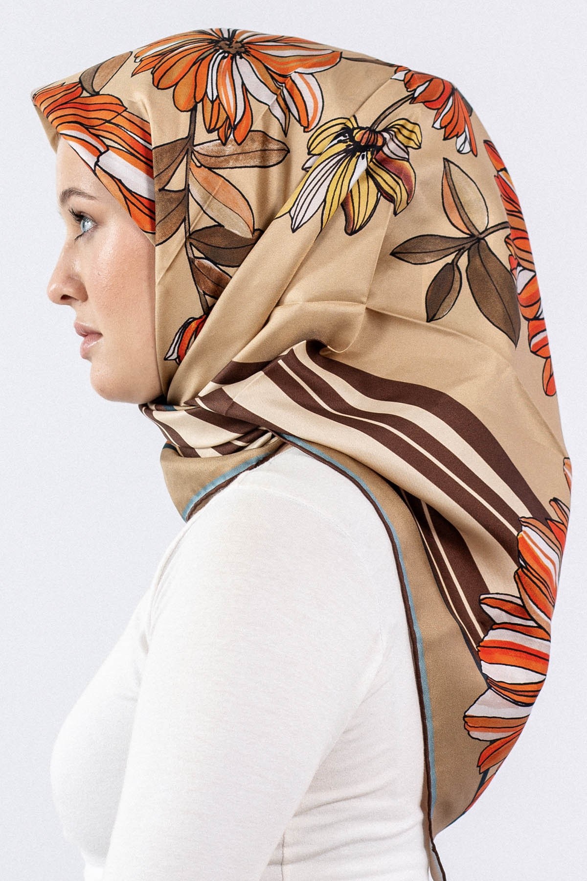 7545 Twill İpek Eşarp - Bej-Lacivert