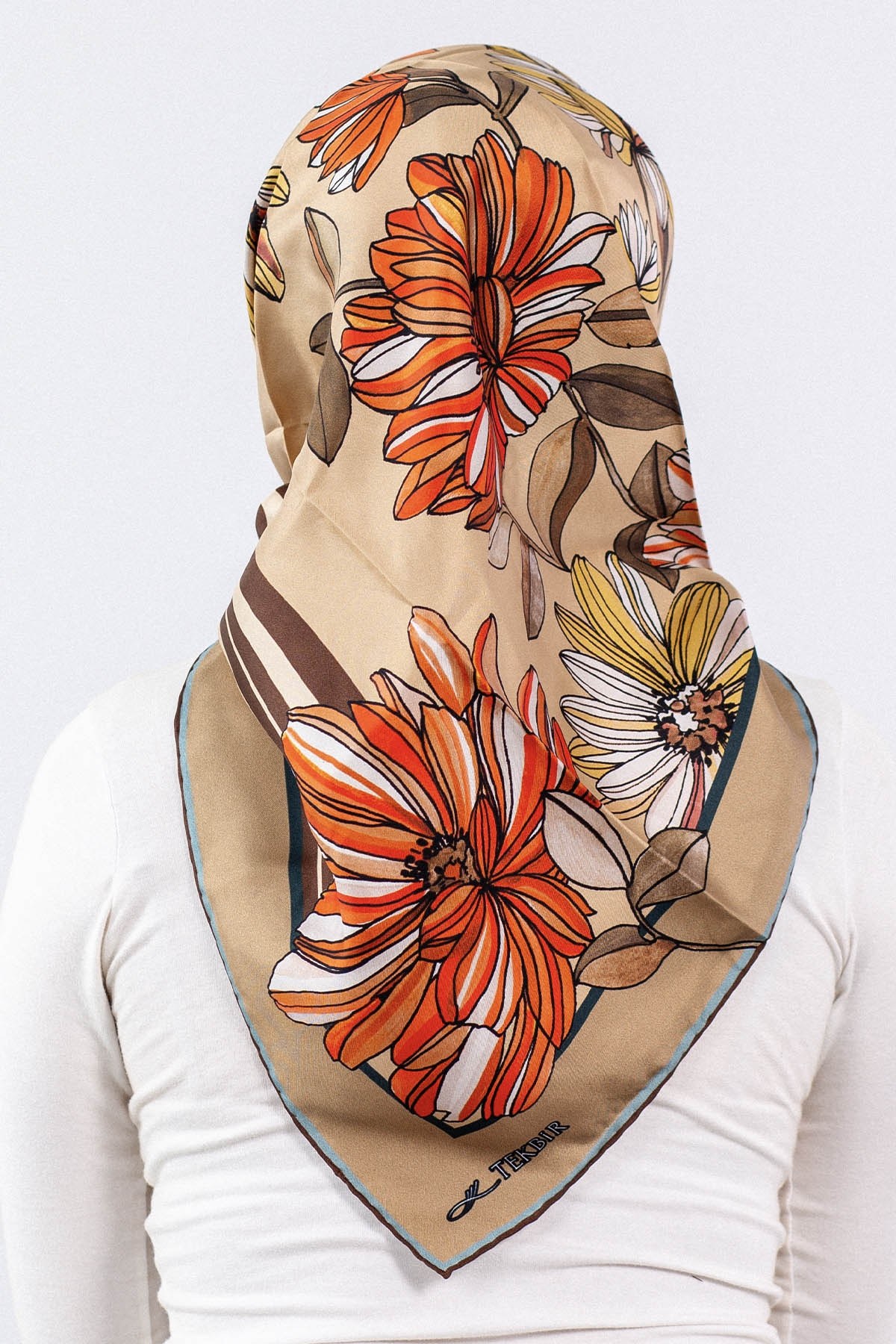 7545 Twill İpek Eşarp - Bej-Lacivert