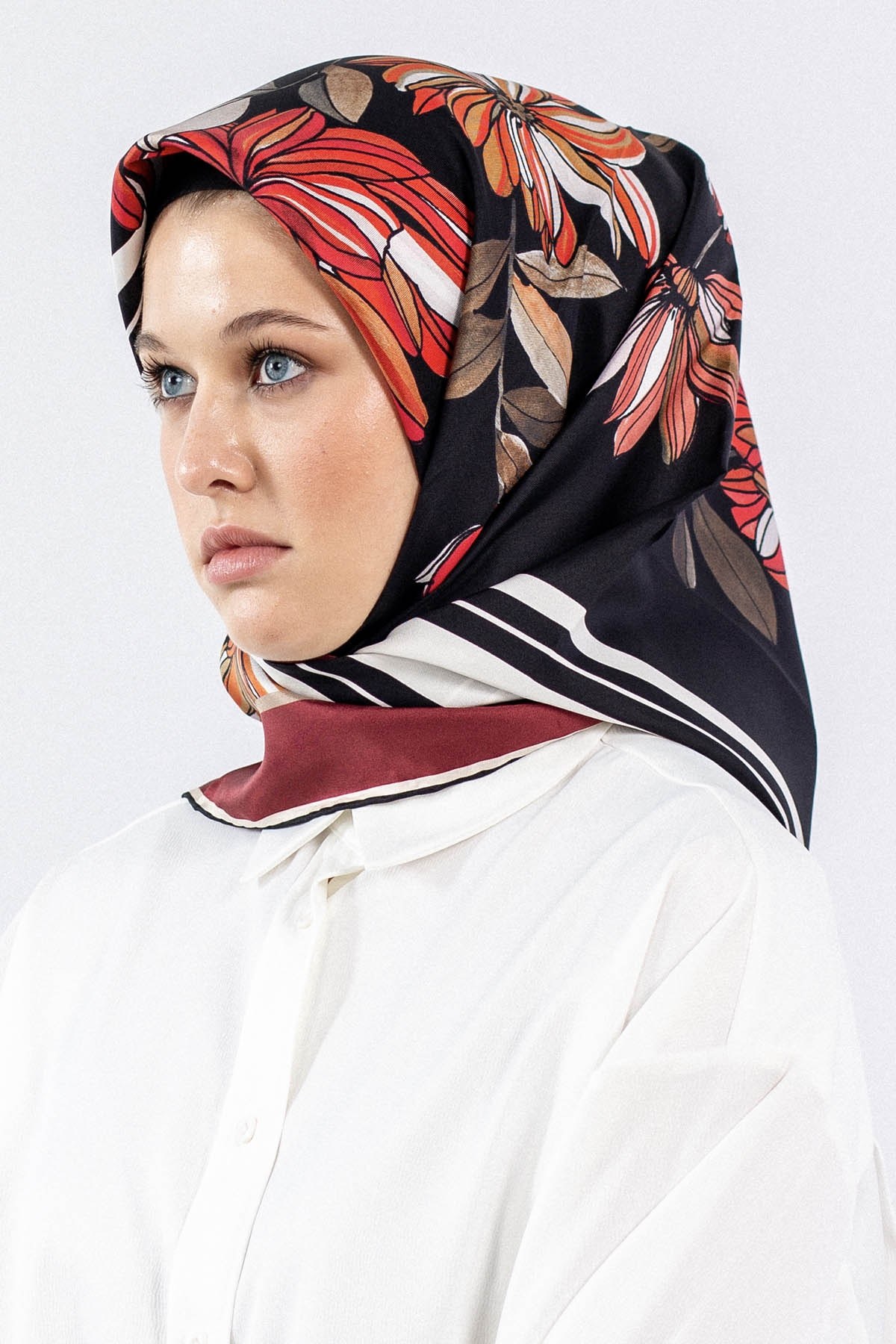 7545 Twill İpek Eşarp - Bordo Siyah