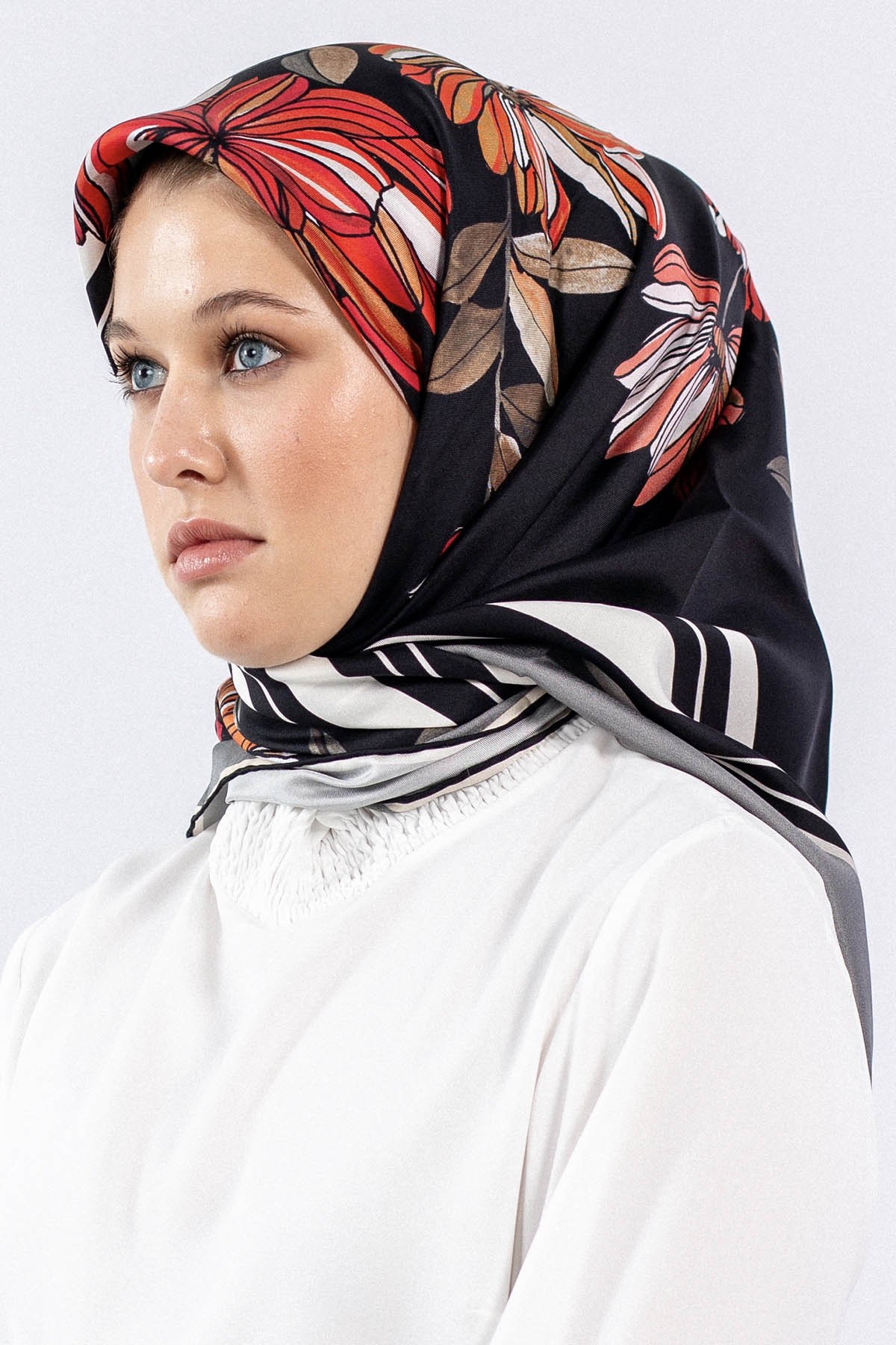 7545 Twill İpek Eşarp - Gri Kırmızı