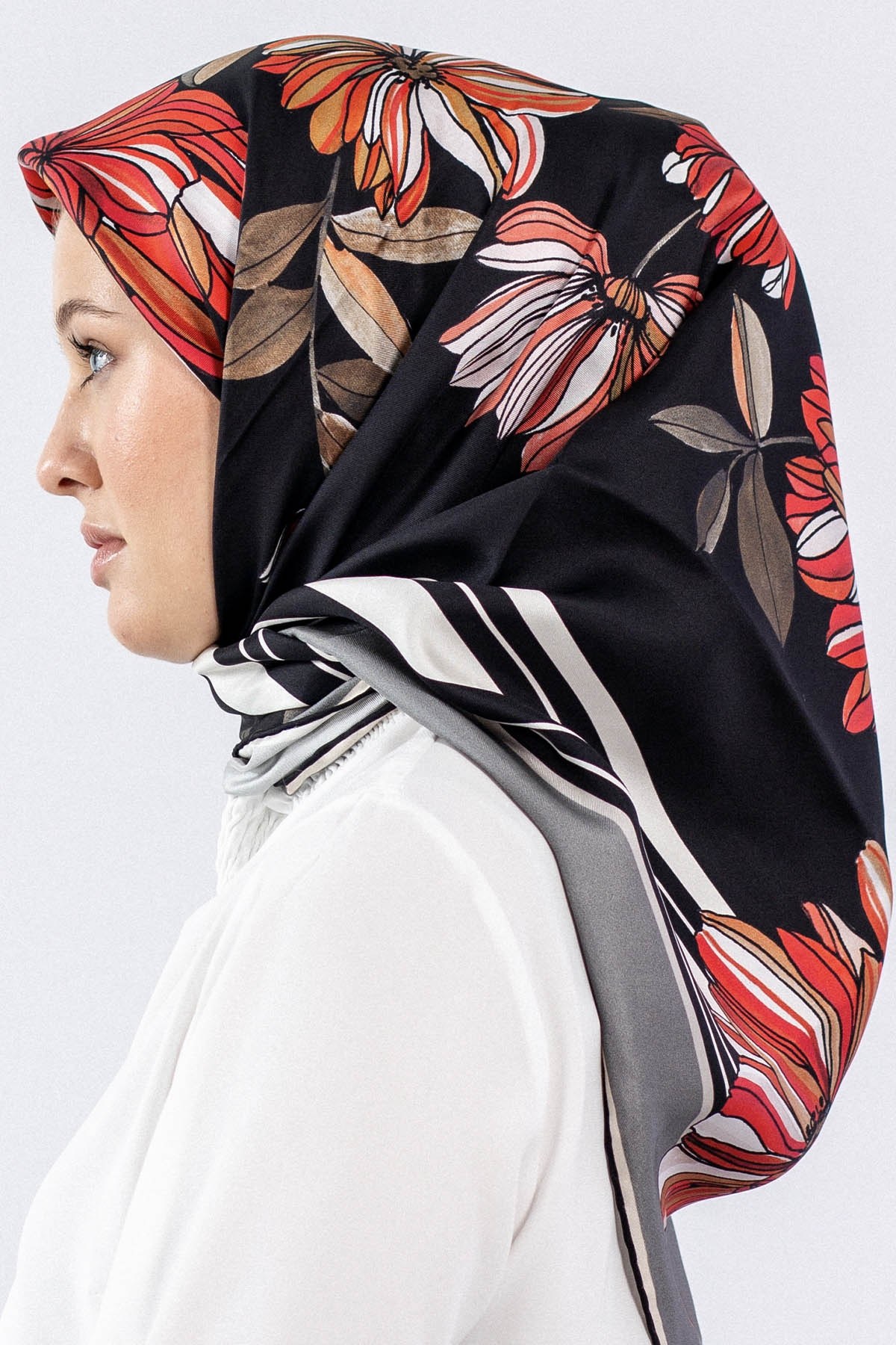 7545 Twill İpek Eşarp - Gri Kırmızı