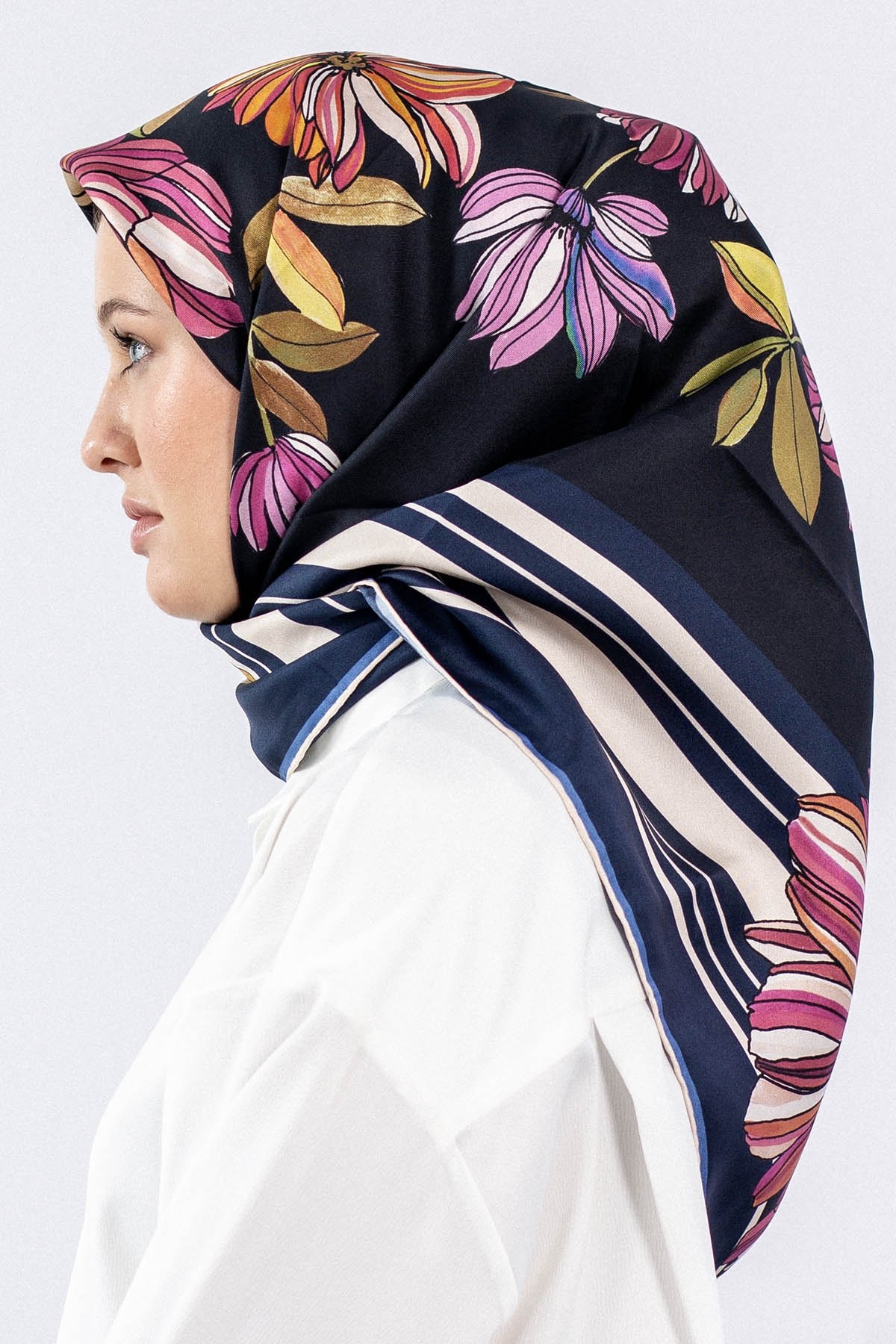 7545 Twill İpek Eşarp - Lacivert Pudra