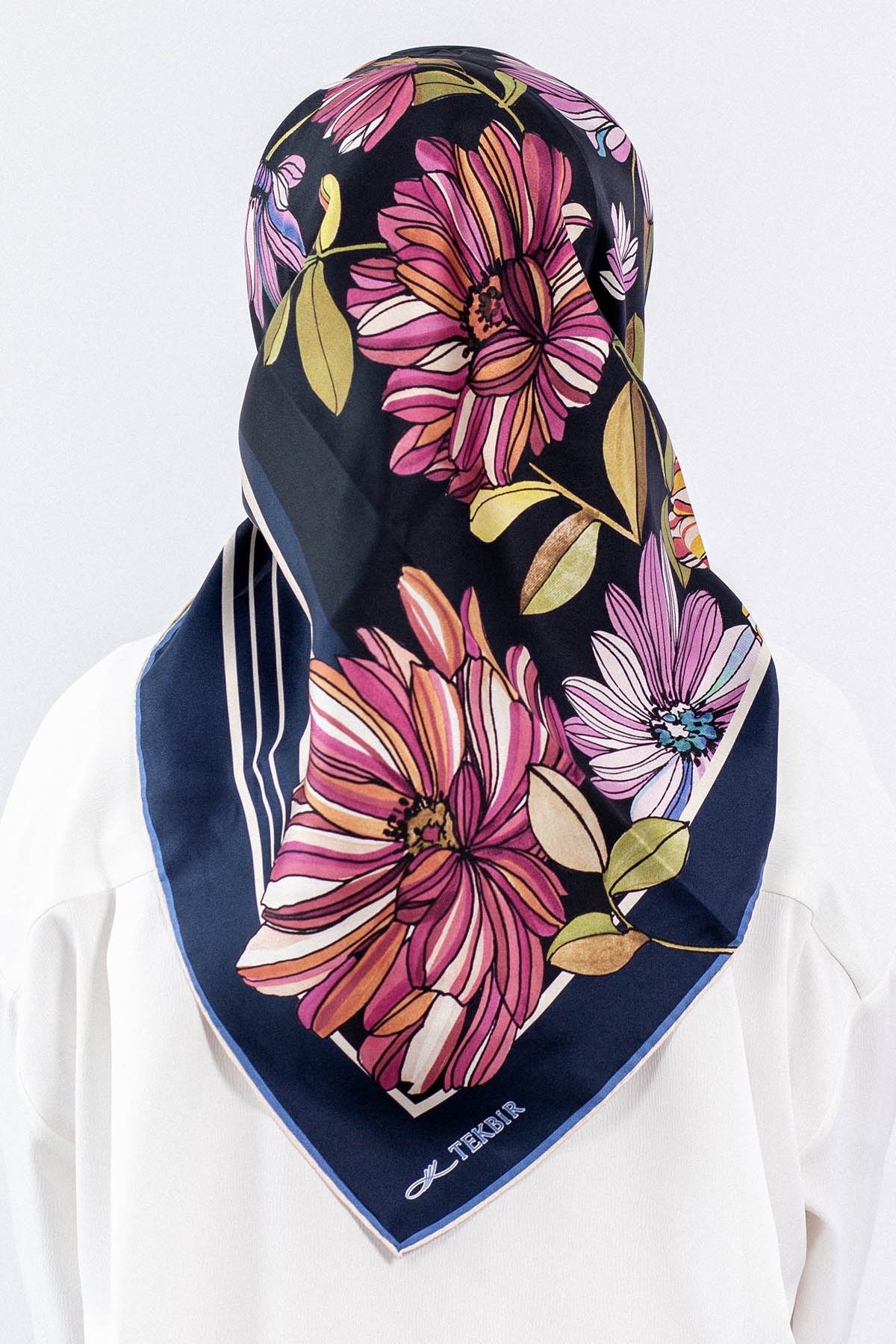 7545 Twill İpek Eşarp - Lacivert Pudra
