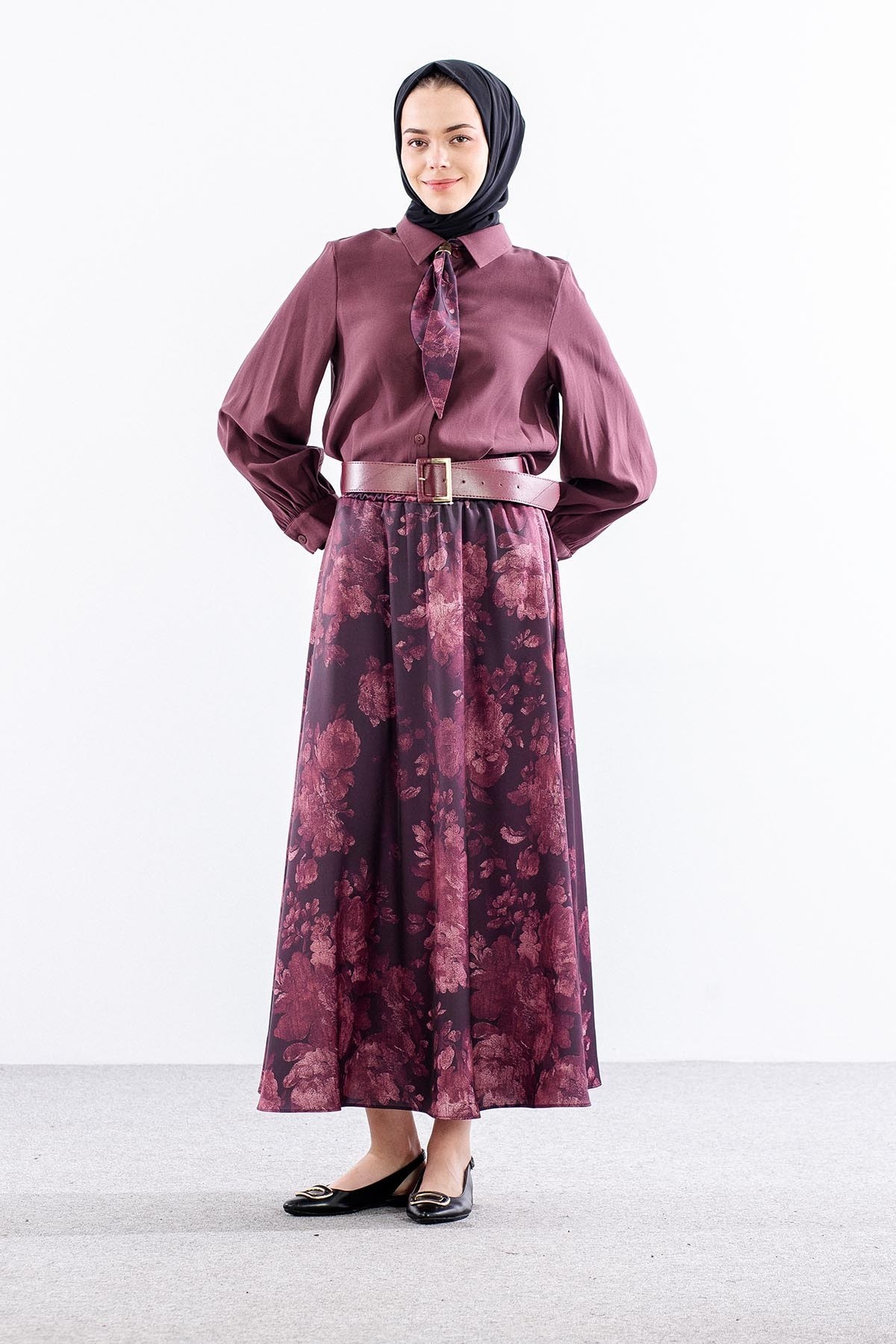 7730 E. Takım 38-44 Eteği Desenli Saten - Bordo