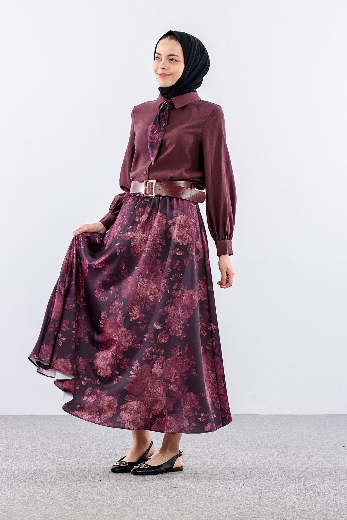 7730 E. Takım 38-44 Eteği Desenli Saten - Bordo