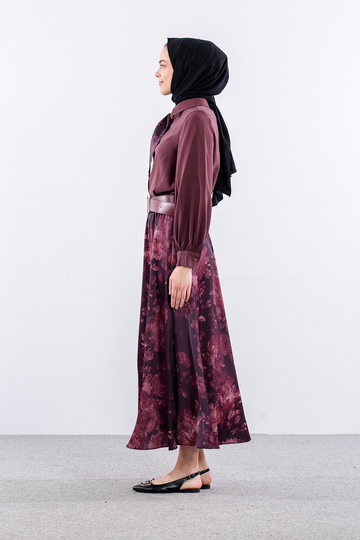 7730 E. Takım 38-44 Eteği Desenli Saten - Bordo