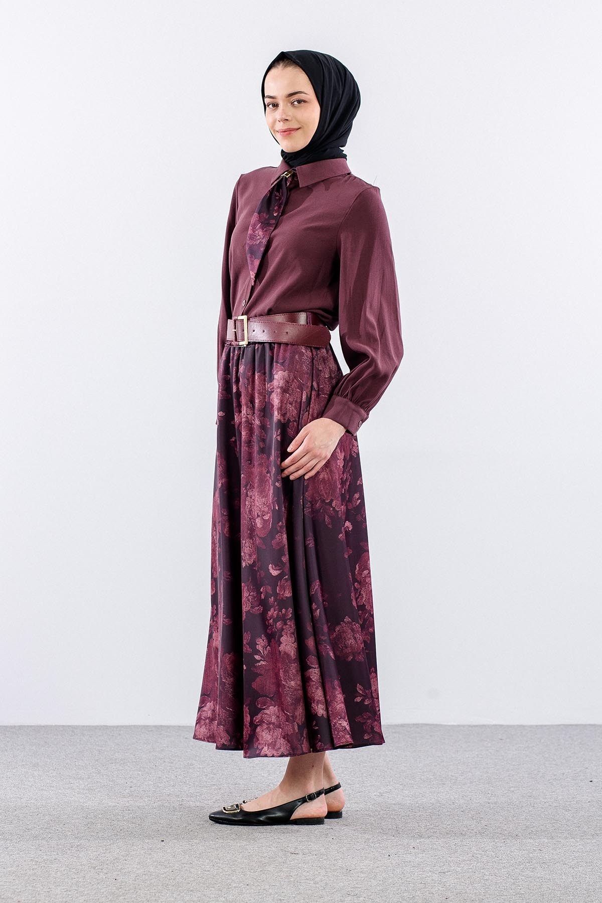 7730 E. Takım 38-44 Eteği Desenli Saten - Bordo