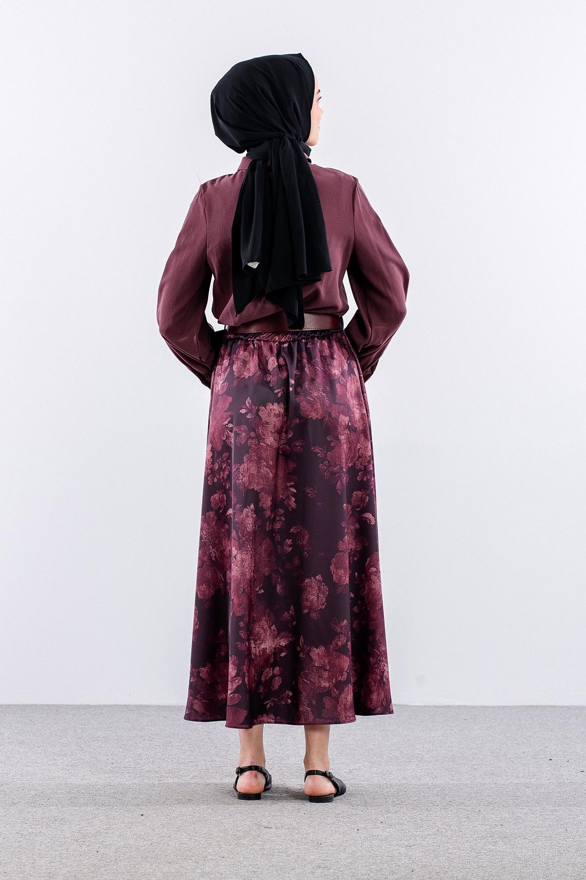 7730 E. Takım 38-44 Eteği Desenli Saten - Bordo