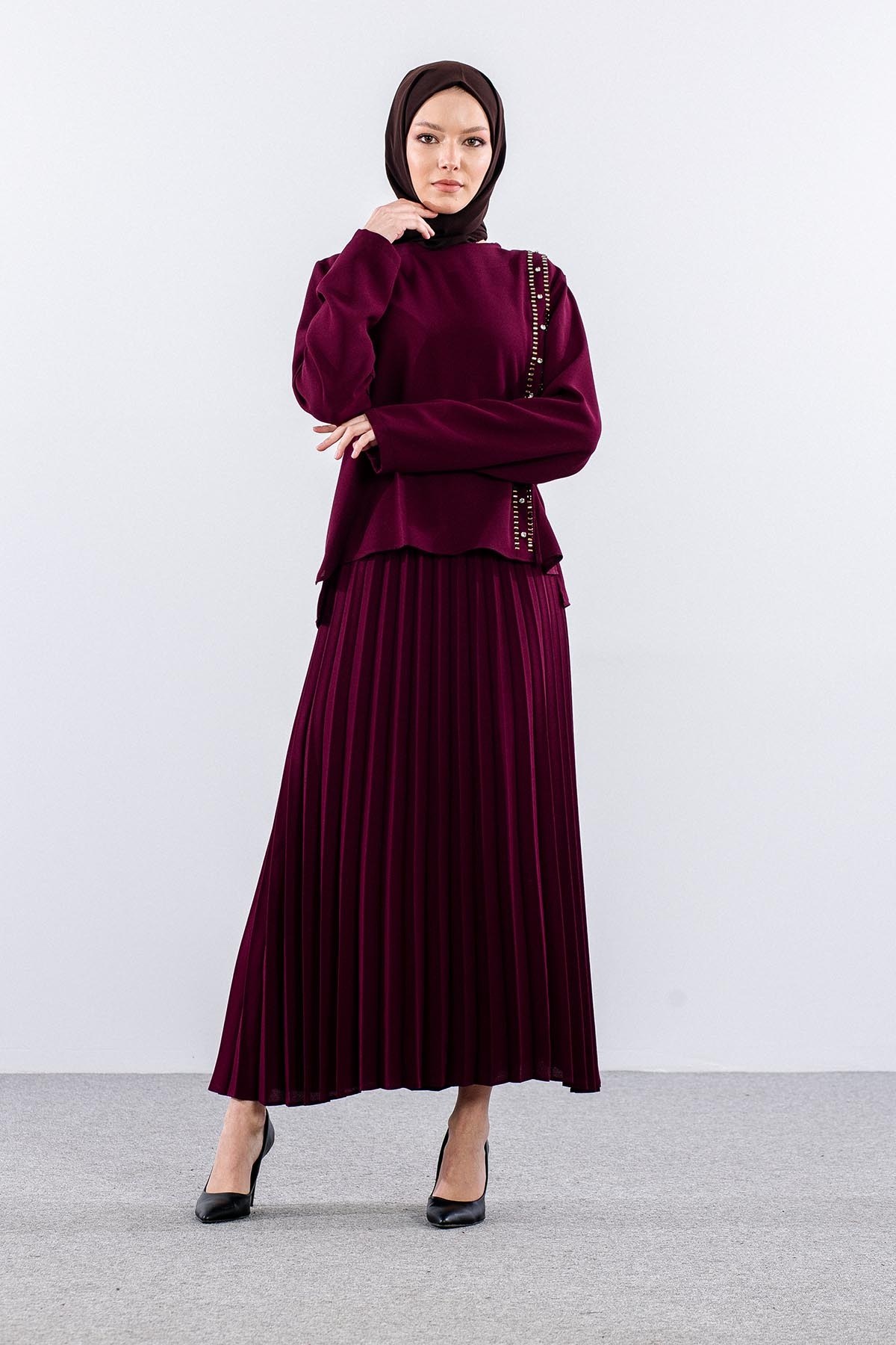 7747 E. Takım 44-52 Bluz Taş Detay - Bordo