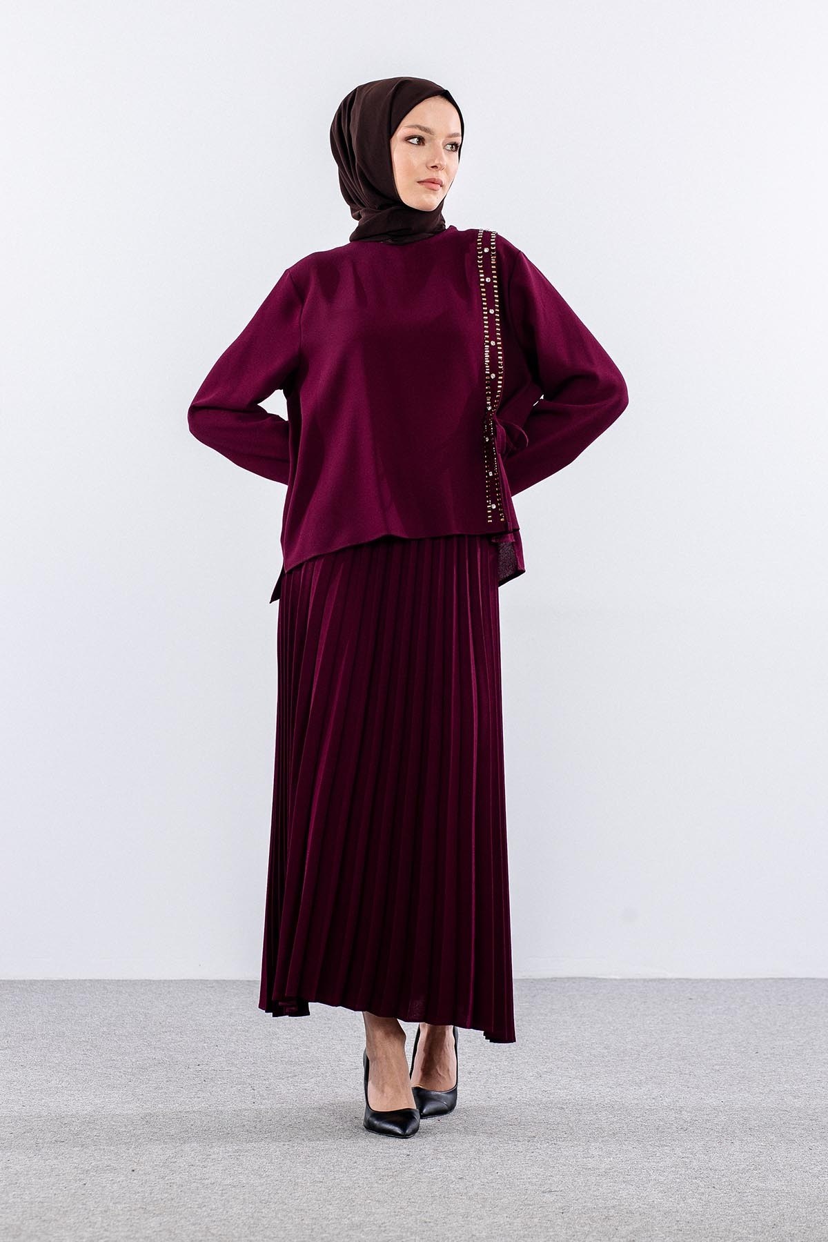 7747 E. Takım 44-52 Bluz Taş Detay - Bordo