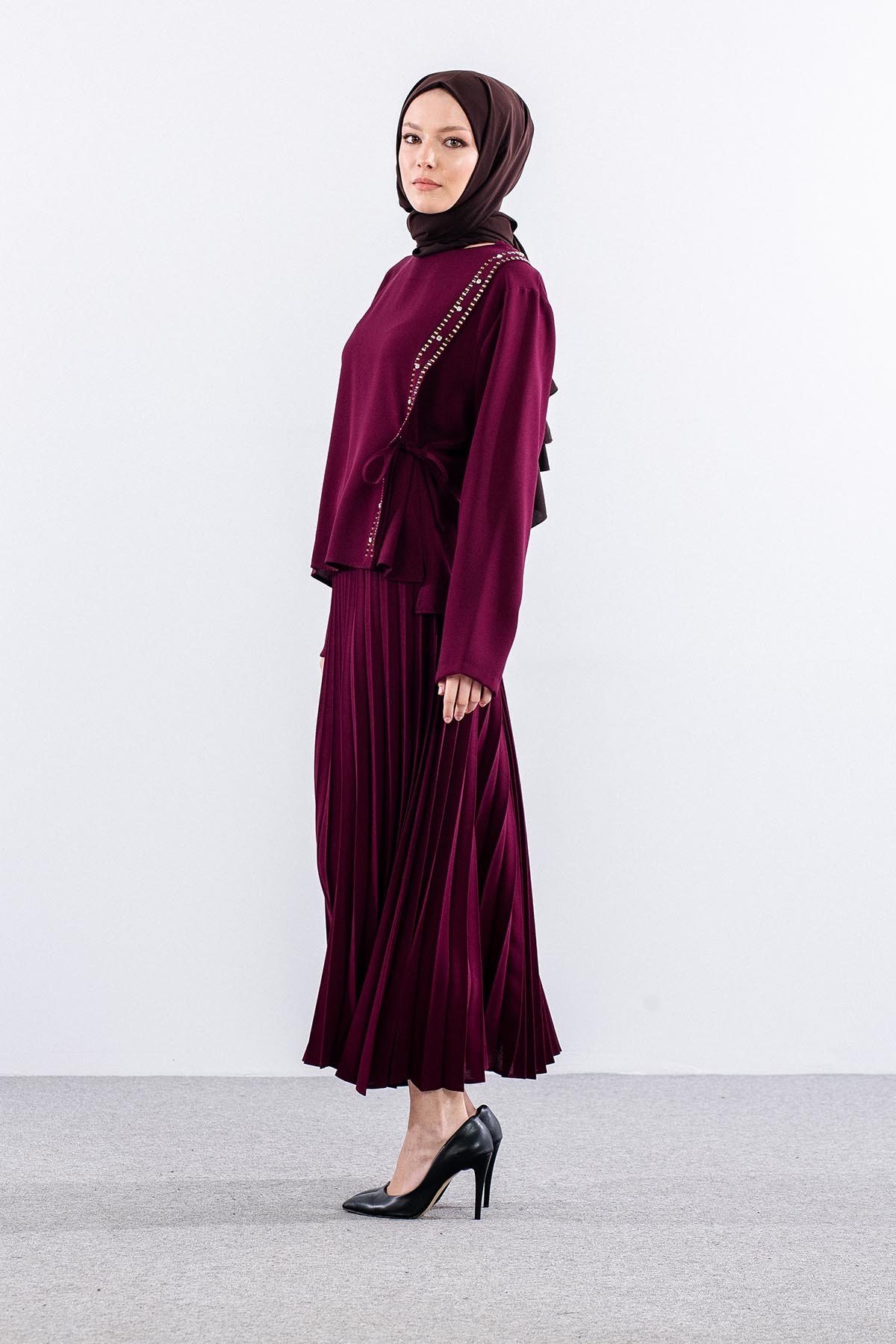 7747 E. Takım 44-52 Bluz Taş Detay - Bordo