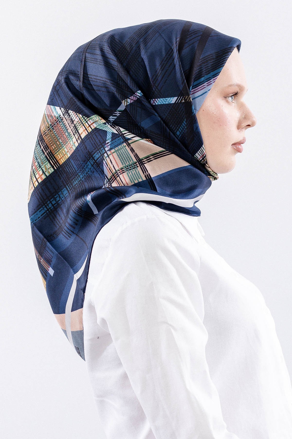 Dg11114 İpek Eşarp 90*90 Twill Çizgi - Lacivert