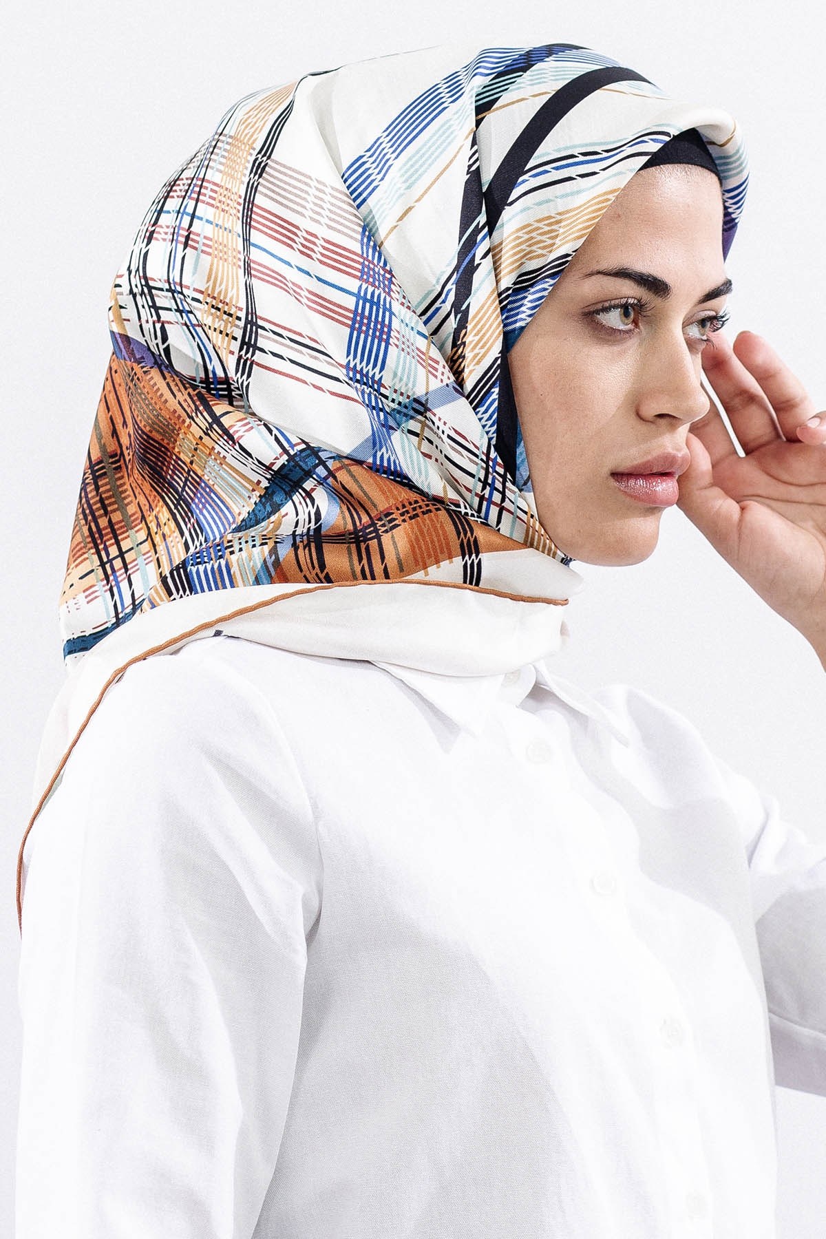 Dg11114 İpek Eşarp Twill 90*90 Çizgi - Kahve