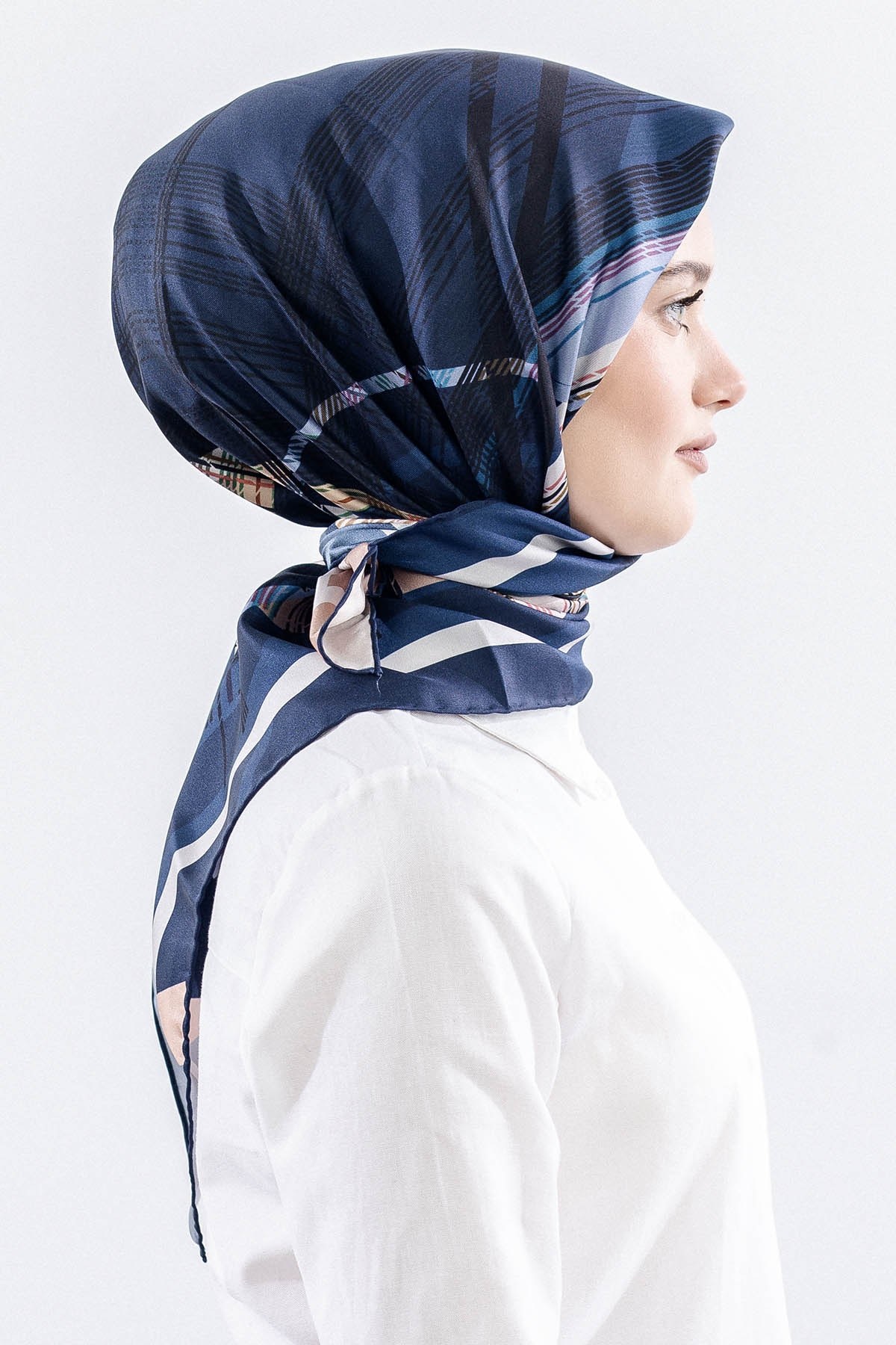 Dg11114 İpek Eşarp Twill Kumaş Çizgi Desen - Lacivert